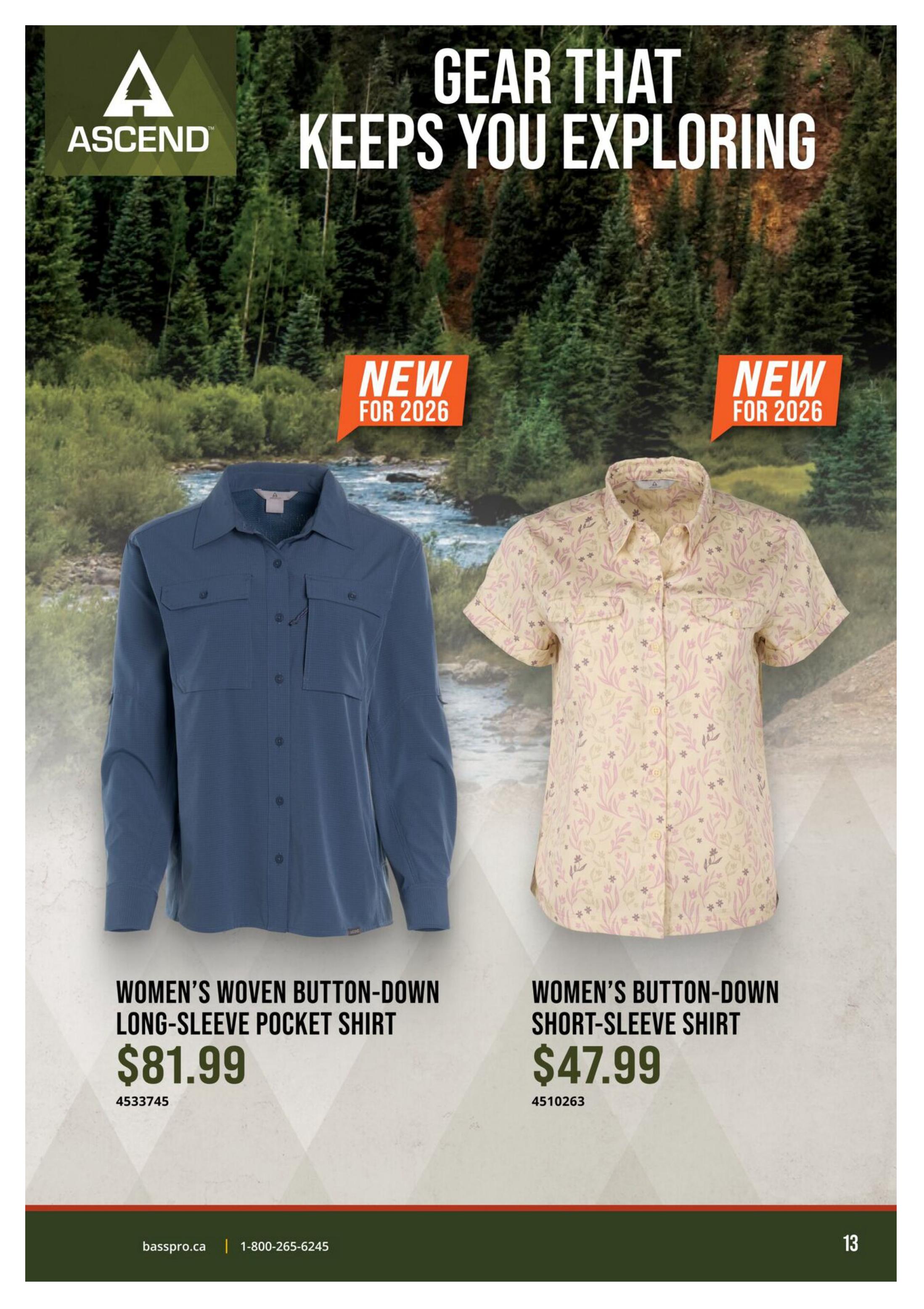 Bass Pro Shops flyer page 13 features new arrivals for 2026. On the left, a Women's Woven Button-Down Long-Sleeve Pocket Shirt is displayed for $81.99. On the right, a Women's Button-Down Short-Sleeve Shirt with a floral pattern is available for $47.99. The page header reads 'Gear That Keeps You Exploring'.