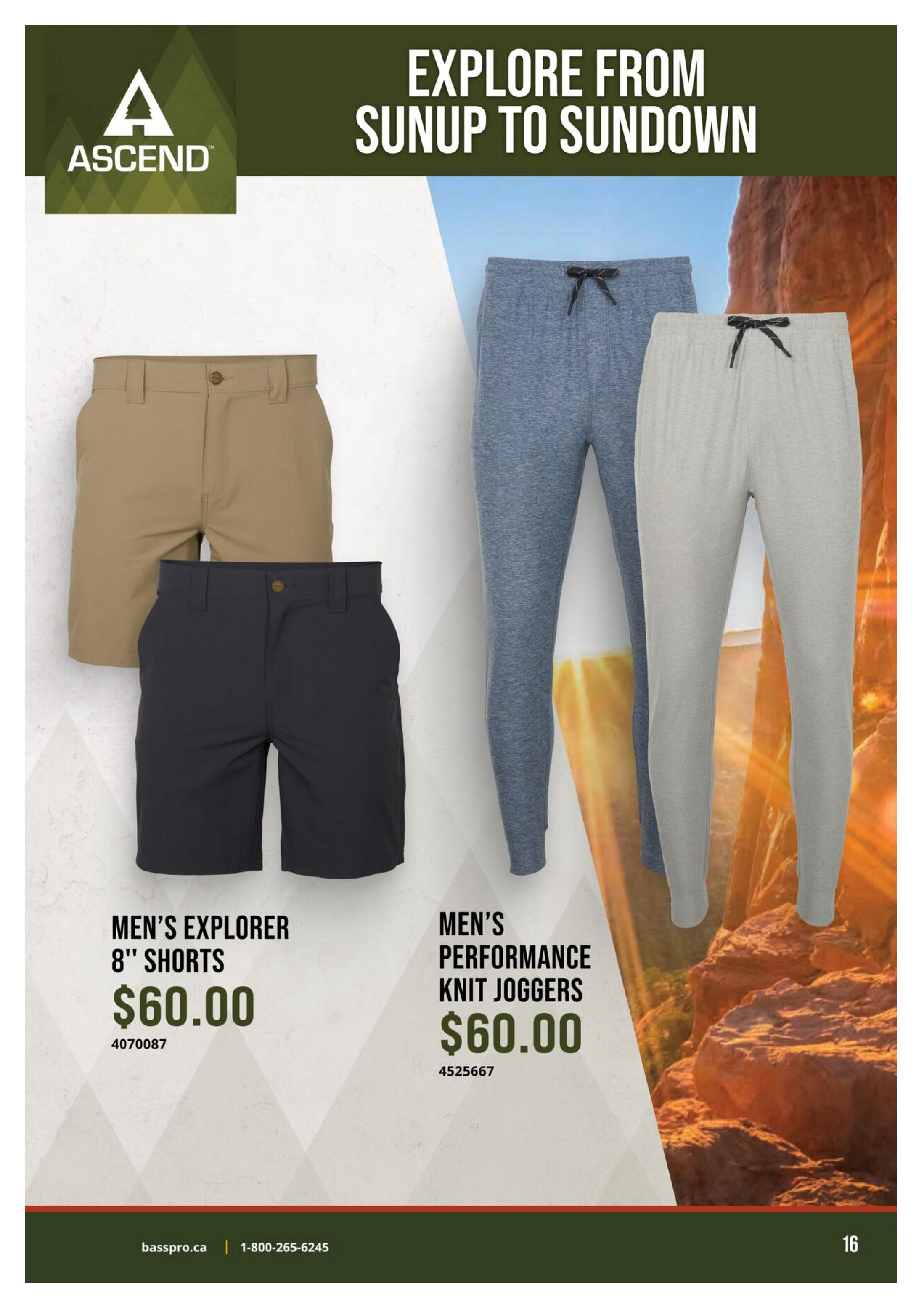 Bass Pro Shops flyer, page 16, featuring Ascend brand apparel. Explore from sunup to sundown with Men's Explorer 8' Shorts priced at $60.00 and Men's Performance Knit Joggers also priced at $60.00. The page displays a tan pair of shorts, a charcoal pair of shorts, and two pairs of knit joggers in blue and grey.