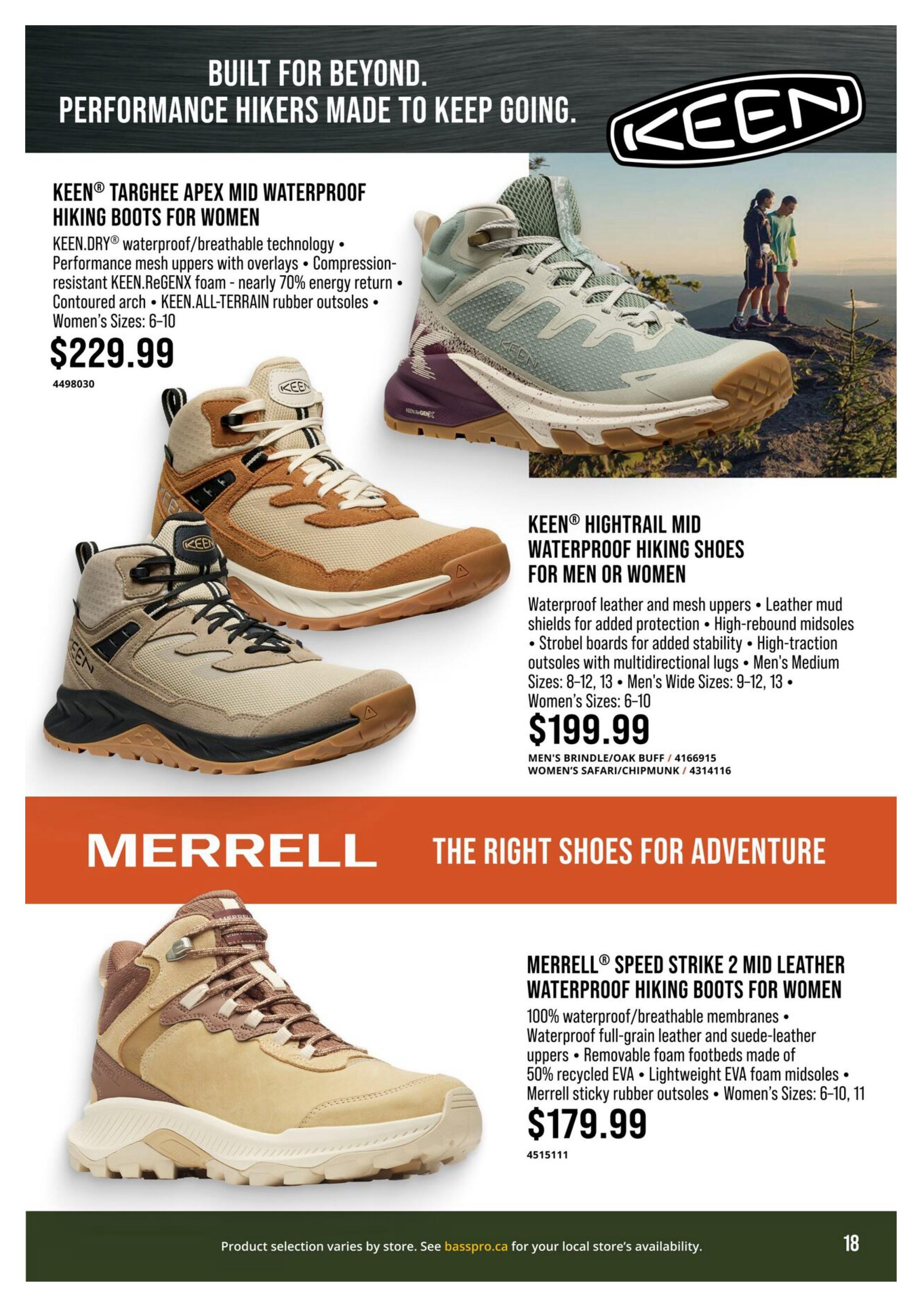 Bass Pro Shops flyer, page 18, features performance hiking footwear. Top section showcases KEEN footwear with the tagline 'Built for Beyond. Performance Hikers Made to Keep Going.' Featured are KEEN Targhee Apex Mid Waterproof Hiking Boots for Women at $229.99, with KEEN.DRY waterproof/breathable technology, performance mesh uppers, and KEEN.ALL-TERRAIN rubber outsoles. Also shown are KEEN Hightrail Mid Waterproof Hiking Shoes for Men or Women at $199.99, made with waterproof leather and mesh uppers, leather mud shields, and high-traction multidirectional lugs. The bottom section highlights Merrell footwear, featuring Merrell Speed Strike 2 Mid Leather Waterproof Hiking Boots for Women at $179.99. These boots offer 100% waterproof/breathable membranes, full-grain leather and suede-leather uppers, removable foam footbeds made of 50% recycled EVA, and Merrell sticky rubber outsoles.