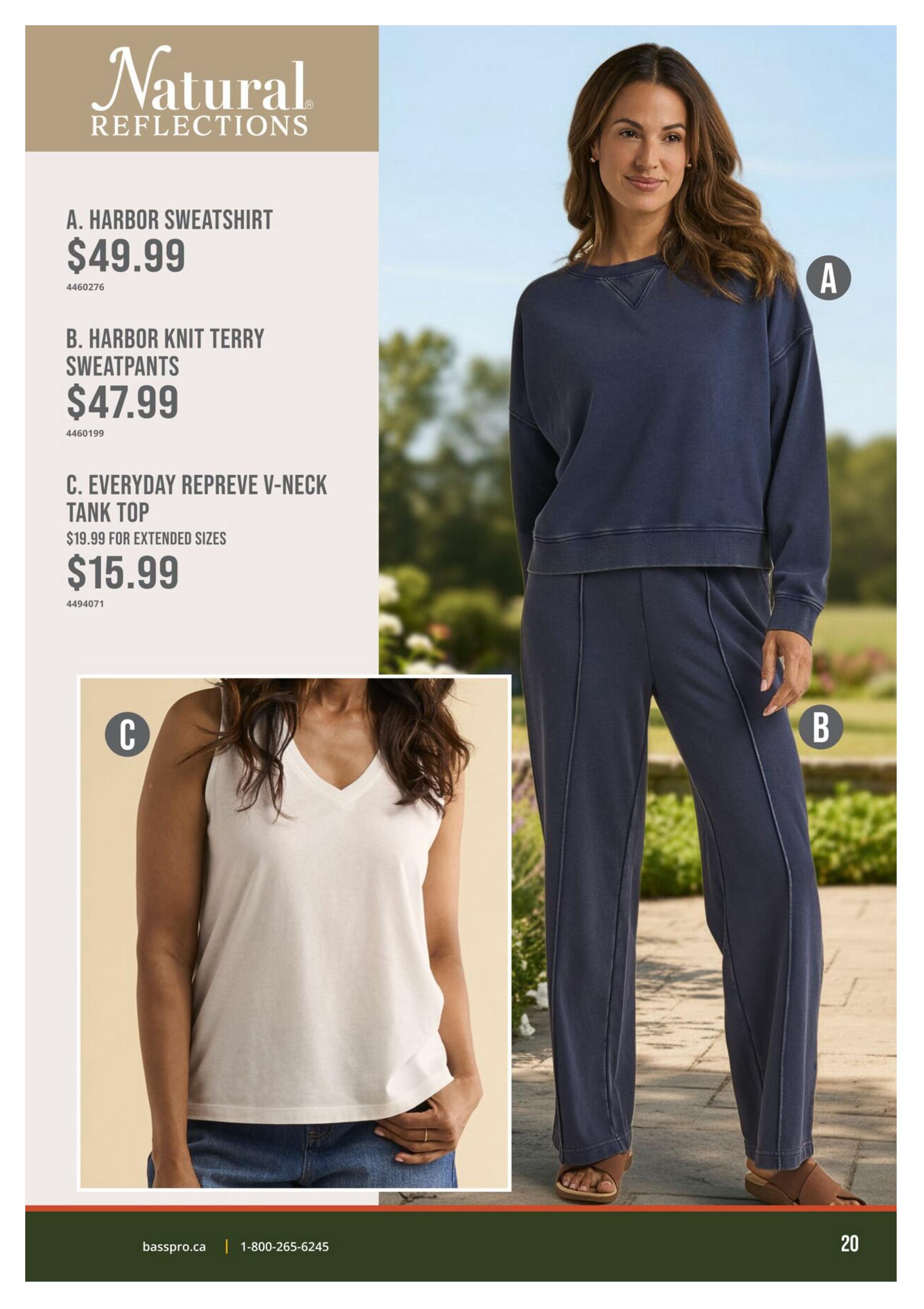Page 20 of the Bass Pro Shops flyer featuring Natural Reflections apparel. Items include the A. Harbor Sweatshirt for $49.99, B. Harbor Knit Terry Sweatpants for $47.99, and C. Everyday Repreve V-Neck Tank Top for $15.99, with extended sizes available at this price. The page displays a model wearing the sweatshirt and sweatpants, and a close-up of the tank top.