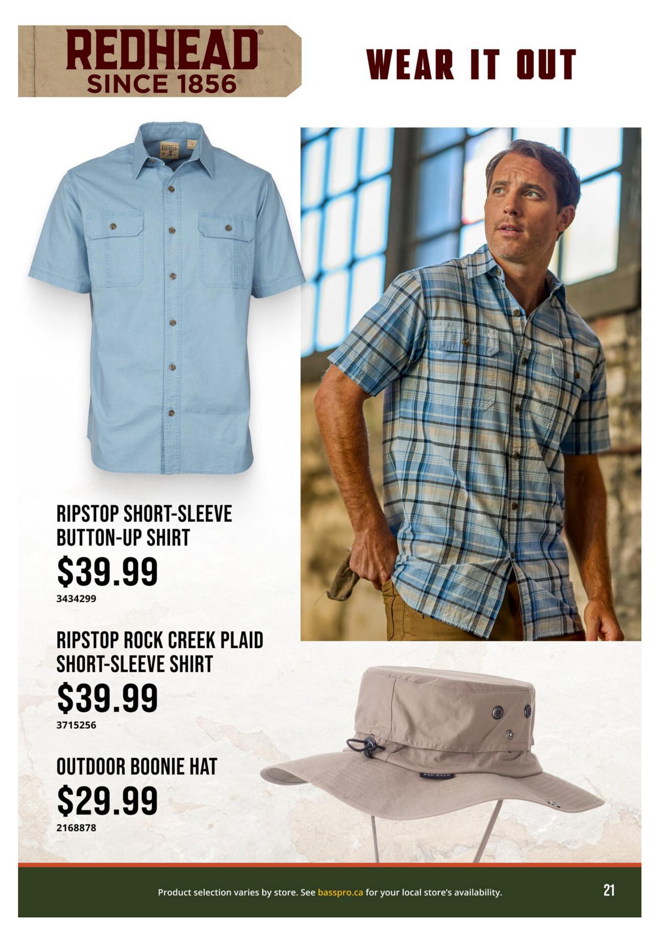 Bass Pro Shops flyer page 21 features Redhead brand apparel. Showcases a light blue Ripstop Short-Sleeve Button-Up Shirt for $39.99. Also available is a Ripstop Rock Creek Plaid Short-Sleeve Shirt for $39.99. Completing the look is an Outdoor Boonie Hat priced at $29.99. A model is pictured wearing a plaid short-sleeve shirt and khaki shorts.