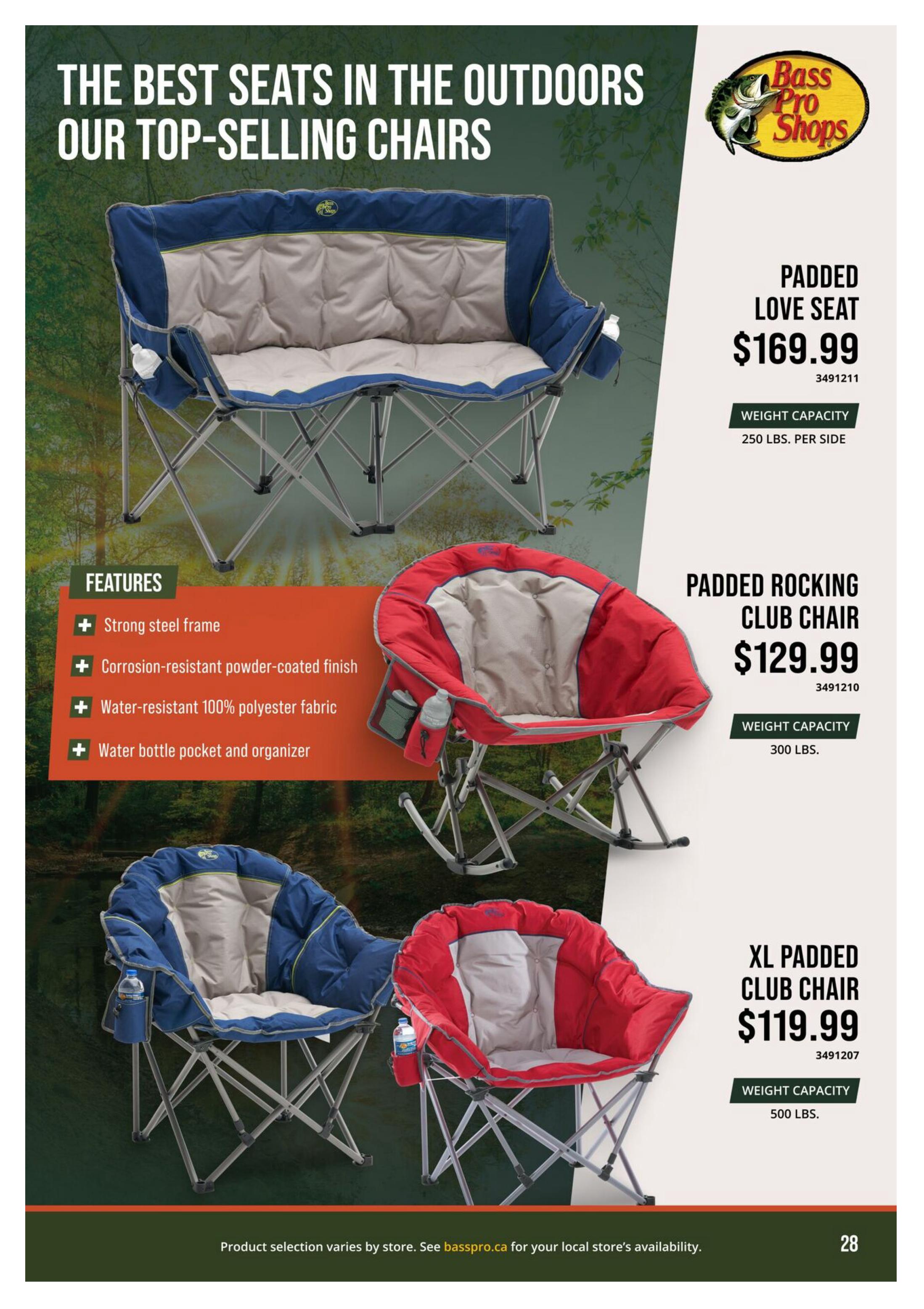 Bass Pro Shops flyer, page 28, featuring top-selling outdoor chairs. Includes a Padded Love Seat for $169.99 with a weight capacity of 250 lbs. per side. Also featured is a Padded Rocking Club Chair for $129.99 with a weight capacity of 300 lbs., and an XL Padded Club Chair for $119.99 with a weight capacity of 500 lbs. Features listed for the chairs include a strong steel frame, corrosion-resistant powder-coated finish, water-resistant 100% polyester fabric, and a water bottle pocket and organizer.