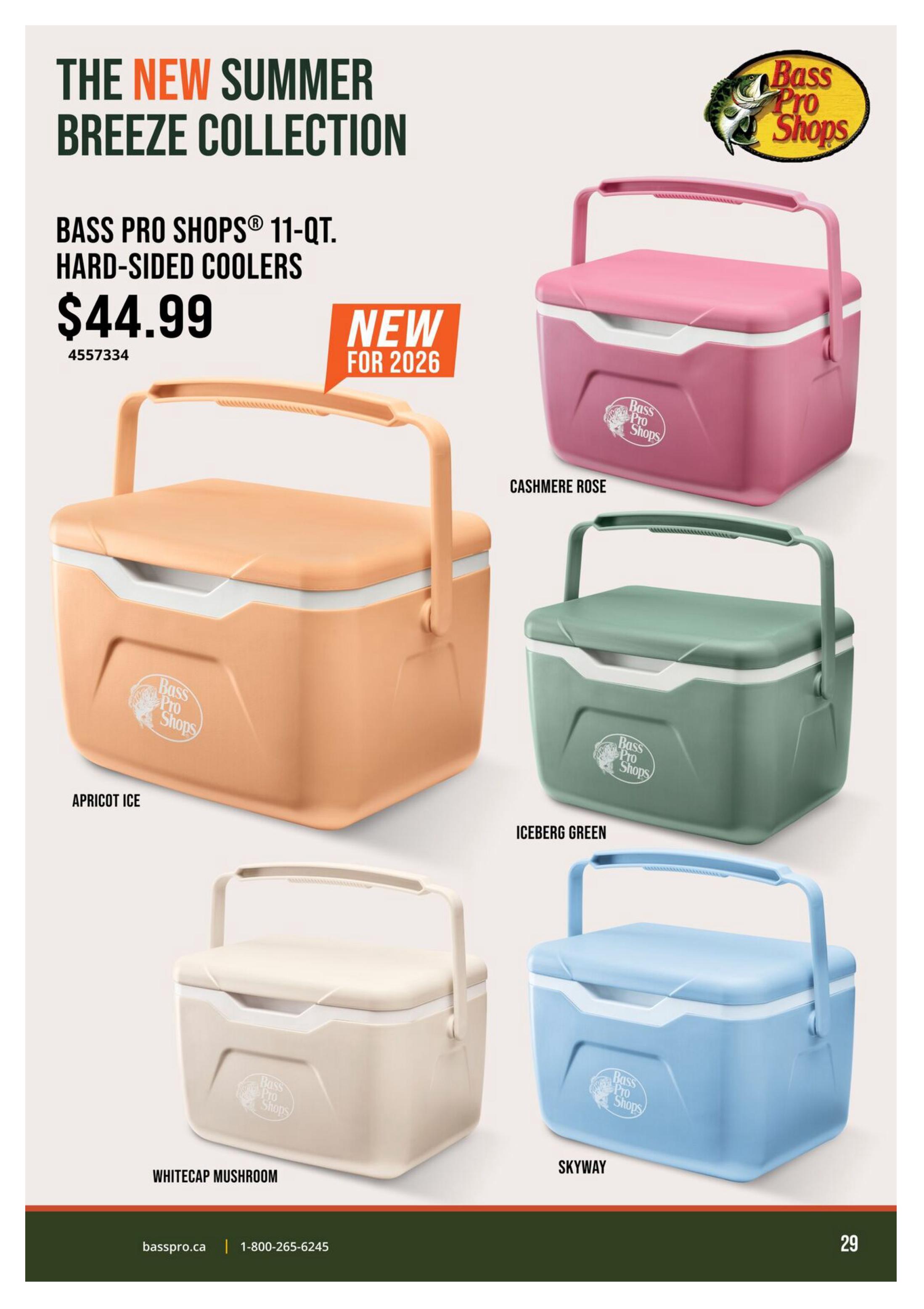 Bass Pro Shops flyer, page 29, featuring the new Summer Breeze Collection of Bass Pro Shops 11-Qt. Hard-Sided Coolers for $44.99. Available in new colours for 2026 including Apricot Ice, Cashmere Rose, Iceberg Green, Whitecap Mushroom, and Skyway. The page also displays the Bass Pro Shops logo and contact information basspro.ca and 1-800-265-6245.