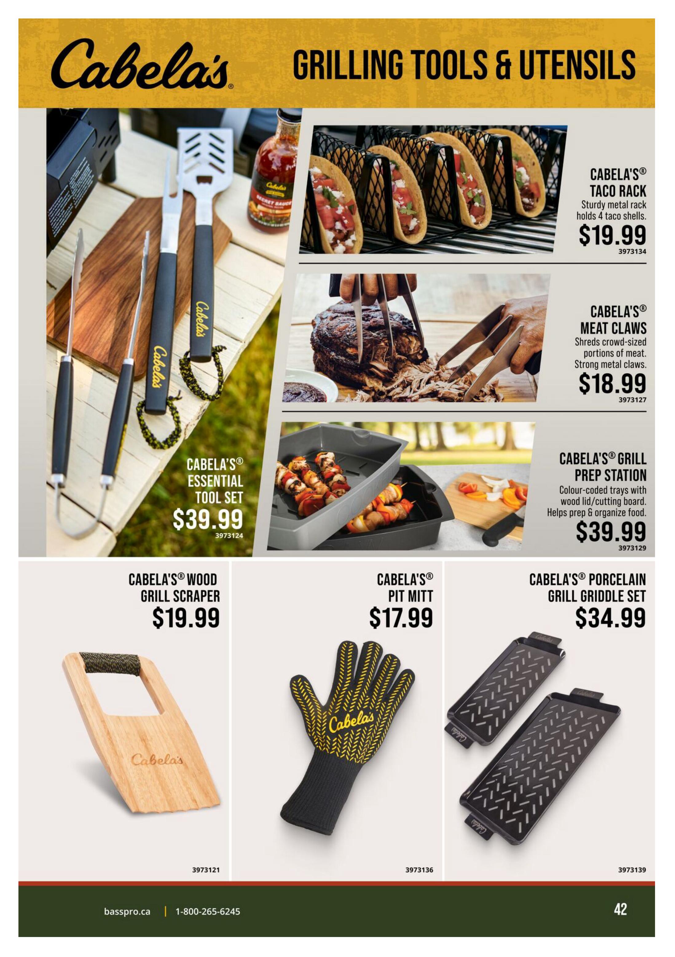 Bass Pro Shops flyer, page 42, featuring grilling tools and utensils. Products include Cabela's® Taco Rack for $19.99, Cabela's® Meat Claws for $18.99, Cabela's® Essential Tool Set for $39.99, Cabela's® Grill Prep Station for $39.99, Cabela's® Wood Grill Scraper for $19.99, Cabela's® Pit Mitt for $17.99, and Cabela's® Porcelain Grill Griddle Set for $34.99.