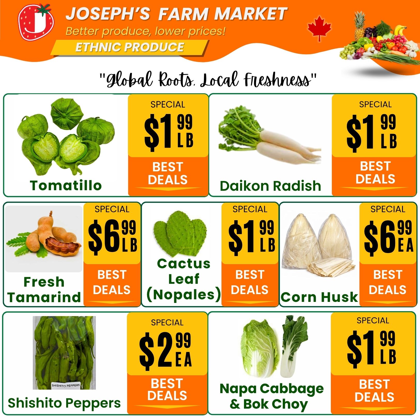 Joseph's Farm Market weekly flyer specials page 3, featuring ethnic produce. Special deals include Tomatillo at $1.99 per lb, Daikon Radish at $1.99 per lb, Fresh Tamarind at $6.99 per lb, Cactus Leaf (Nopales) at $1.99 per lb, Corn Husk at $6.99 each, Shishito Peppers at $2.99 each, and Napa Cabbage & Bok Choy at $1.99 per lb. All items are highlighted as best deals.