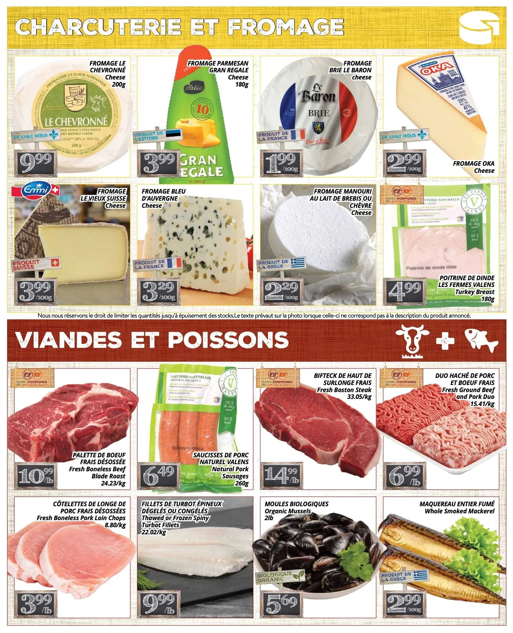 PA Nature flyer specials page 3 features Charcuterie and Fromage on the top half and Viandes et Poissons on the bottom half. Cheeses include Le Chevrotnné Cheese for $9.99/200g, Gran Egale Parmesan Cheese for $3.99/180g, Le Baron Brie Cheese for $1.99/100g, Oka Cheese for $2.99/100g, Le Vieux Suisse Cheese for $3.99/100g, Bleu d'Auvergne Cheese for $3.29/100g, and Manouri Cheese (Sheep or Goat Milk) for $2.29/100g. Also featured is Valens Farms Turkey Breast for $4.99/180g. The bottom half showcases meats and fish: Fresh Boneless Beef Blade Roast for $10.99/lb, Natural Pork Sausages from Valens for $6.49/260g, Fresh Boston Steak for $14.99/lb, Fresh Ground Beef and Pork Duo for $6.99/lb, Fresh Boneless Pork Loin Chops for $3.99/lb, Thawed or Frozen Spiny Turbot Fillets for $9.99/22.02kg, Organic Mussels for $5.69/2lb, and Whole Smoked Mackerel for $2.99/100g.