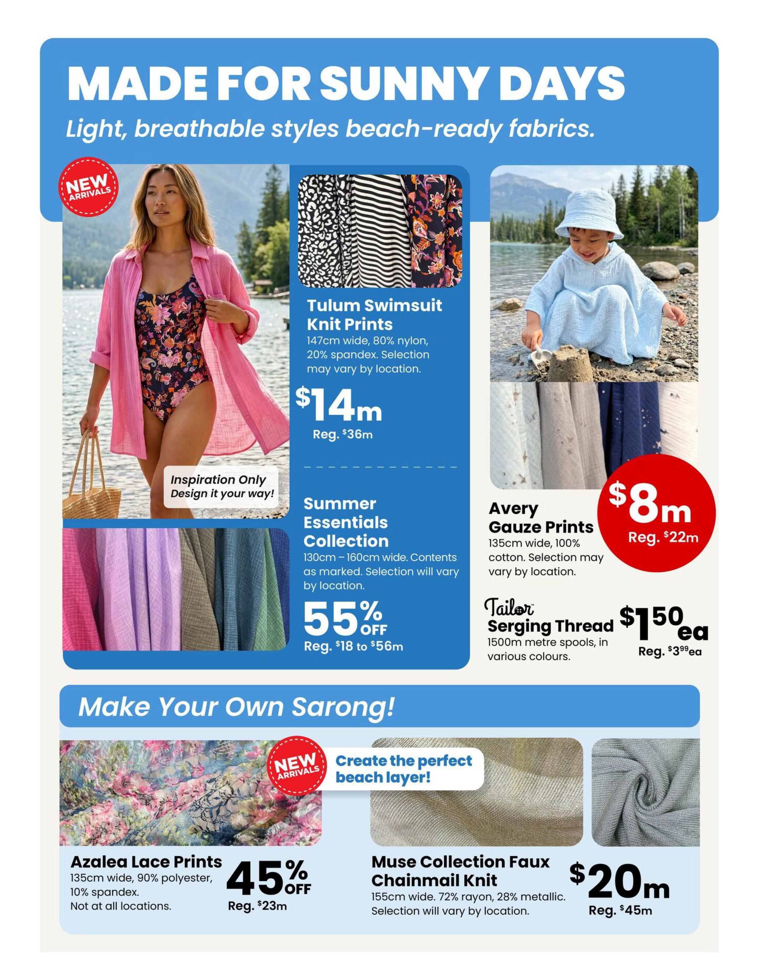 Fabricland Western Flyer Specials, Page 6. Featuring 'Made for Sunny Days' light, breathable, beach-ready fabrics. New Arrivals include Tulum Swimsuit Knit Prints, 147cm wide, 80% nylon, 20% spandex, on sale for $14m (regular $36m). Also, Summer Essentials Collection, 130cm-160cm wide, with 55% off (regular $18 to $56m). On the right, Avery Gauze Prints, 135cm wide, 100% cotton, for $8m (regular $22m). Tailor Serging Thread, 1500m spools, is $1.50 each (regular $3.99 each). The 'Make Your Own Sarong!' section highlights new arrivals: Azalea Lace Prints, 135cm wide, 90% polyester, 10% spandex, at 45% off (regular $23m), and Muse Collection Faux Chainmail Knit, 155cm wide, 72% rayon, 28% metallic, for $20m (regular $45m).