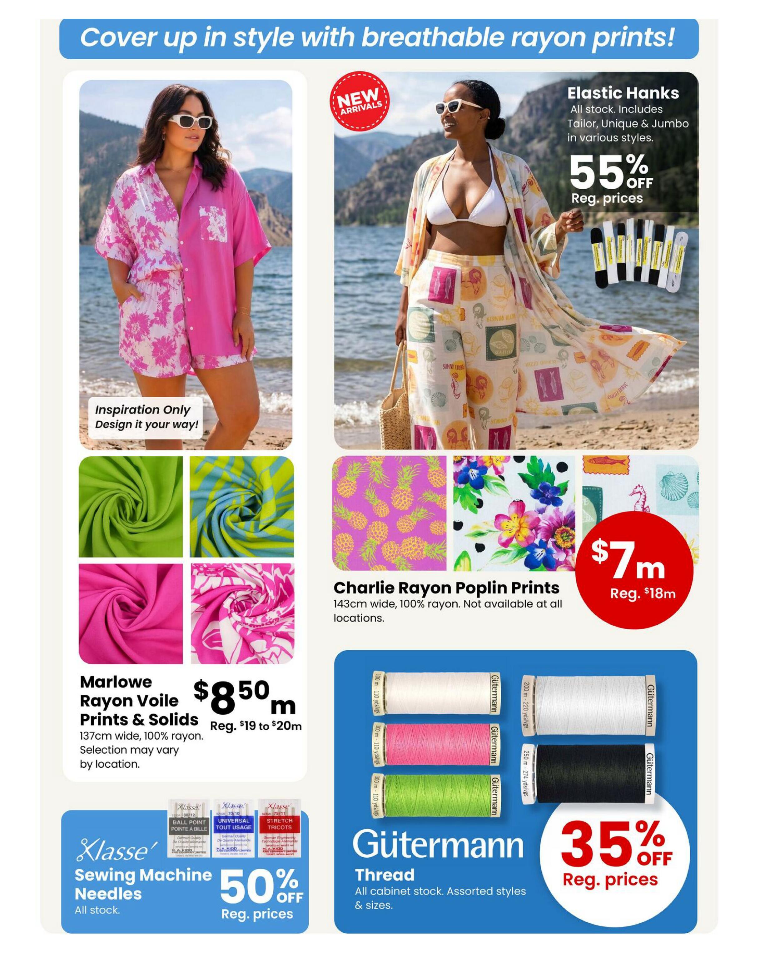 Fabricland Western flyer specials page 7 features 'Cover up in style with breathable rayon prints!'. Showcases new arrivals including a woman wearing a pink and white floral print shirt and shorts. Another woman models a kimono-style cover-up with a unique print over a bikini and patterned pants. Featured fabrics include Marlowe Rayon Voile Prints & Solids, 137cm wide, 100% rayon, priced at $8.50 per metre, with a regular price of $19 to $20 per metre. Also available are Charlie Rayon Poplin Prints, 143cm wide, 100% rayon, for $7 per metre, regularly $18 per metre. Elastic Hanks are 55% off regular prices, available in Tailor, Unique & Jumbo styles. Klasse Sewing Machine Needles are 50% off regular prices, all stock. Gütermann Thread is 35% off regular prices, all cabinet stock in assorted styles and sizes.