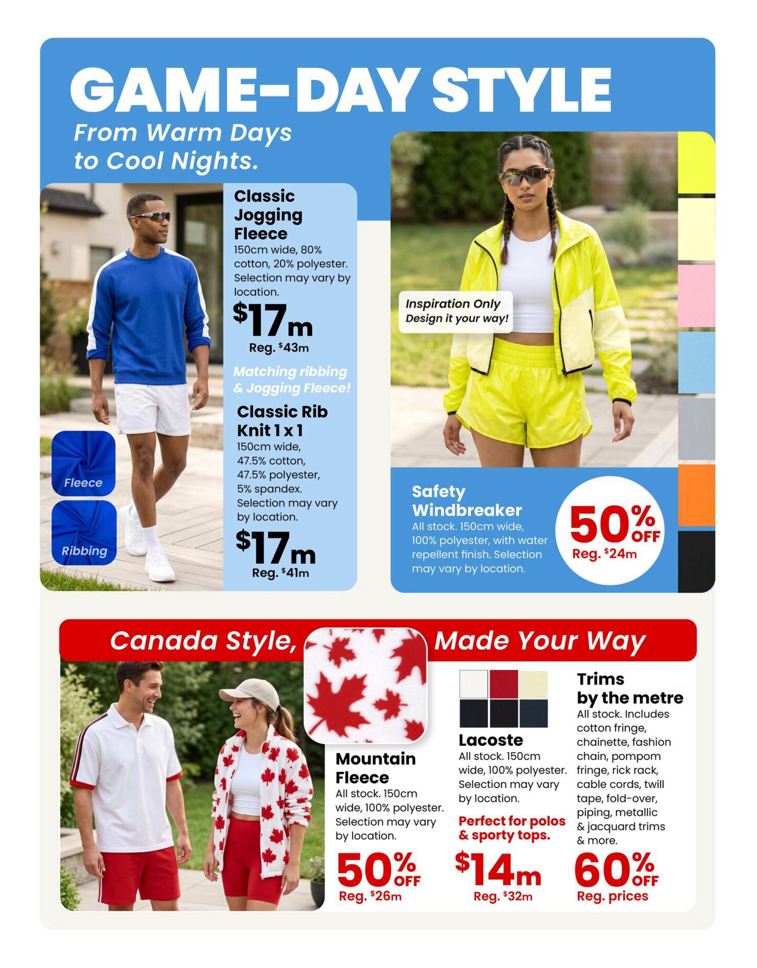 Fabricland Western flyer page 8 features 'Game-Day Style' from warm days to cool nights. Offers include Classic Jogging Fleece for $17m (Reg. $43m) and Classic Rib Knit 1x1 for $17m (Reg. $41m). Also available is a Safety Windbreaker at 50% off, now $24m (Reg. $24m). The 'Canada Style, Made Your Way' section showcases Mountain Fleece with maple leaf print at 50% off, now $26m (Reg. $26m). Lacoste fabric, 150cm wide and 100% polyester, is perfect for polos and sporty tops, priced at $14m (Reg. $32m). Trims by the metre are 60% off regular prices, including cotton fringe, chainette, fashion chain, pompom fringe, rick rack, cable cords, twill tape, fold-over, piping, metallic & jacquard trims.