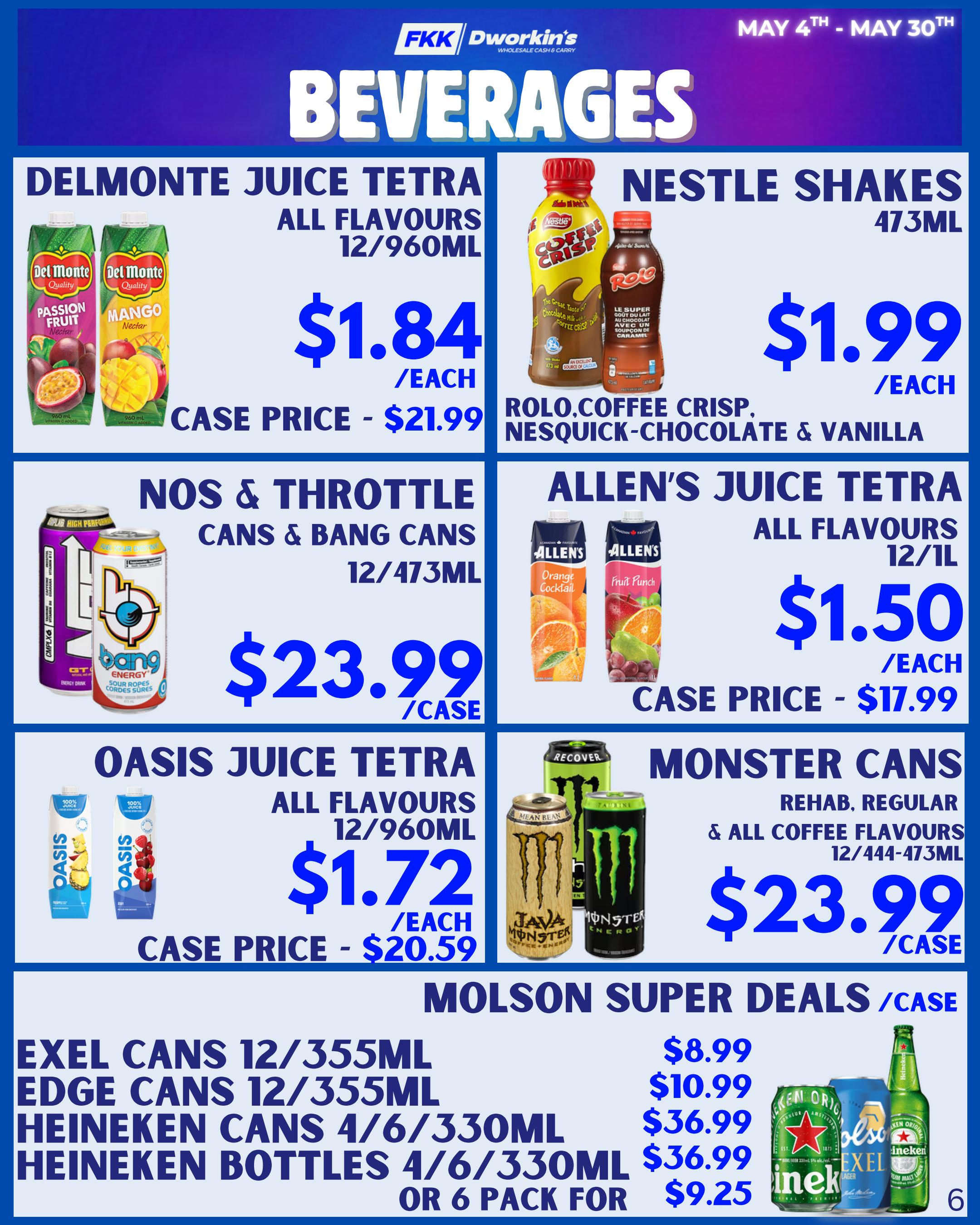 FKK Wholesale Beverages flyer, page 6. Featured are Del Monte Juice Tetras in all flavours, 12/960mL, for $1.84 each or $21.99 case price. Nestle Shakes in Rolo, Coffee Crisp, Nesquik, Chocolate & Vanilla flavours, 473mL, are $1.99 each. Nos & Throttle Cans & Bang Cans, 12/473mL, are $23.99 per case. Allen's Juice Tetras in all flavours, 12/1L, are $1.50 each or $17.99 case price. Oasis Juice Tetras in all flavours, 12/960mL, are $1.72 each or $20.59 case price. Monster Cans, including Rehab, Regular & all Coffee flavours, 12/444-473mL, are $23.99 per case. Molson Super Deals include ExeL Cans 12/355mL for $8.99, Edge Cans 12/355mL for $10.99, Heineken Cans 4/6/330mL for $36.99, and Heineken Bottles 4/6/330mL for $36.99, or a 6-pack for $9.25.