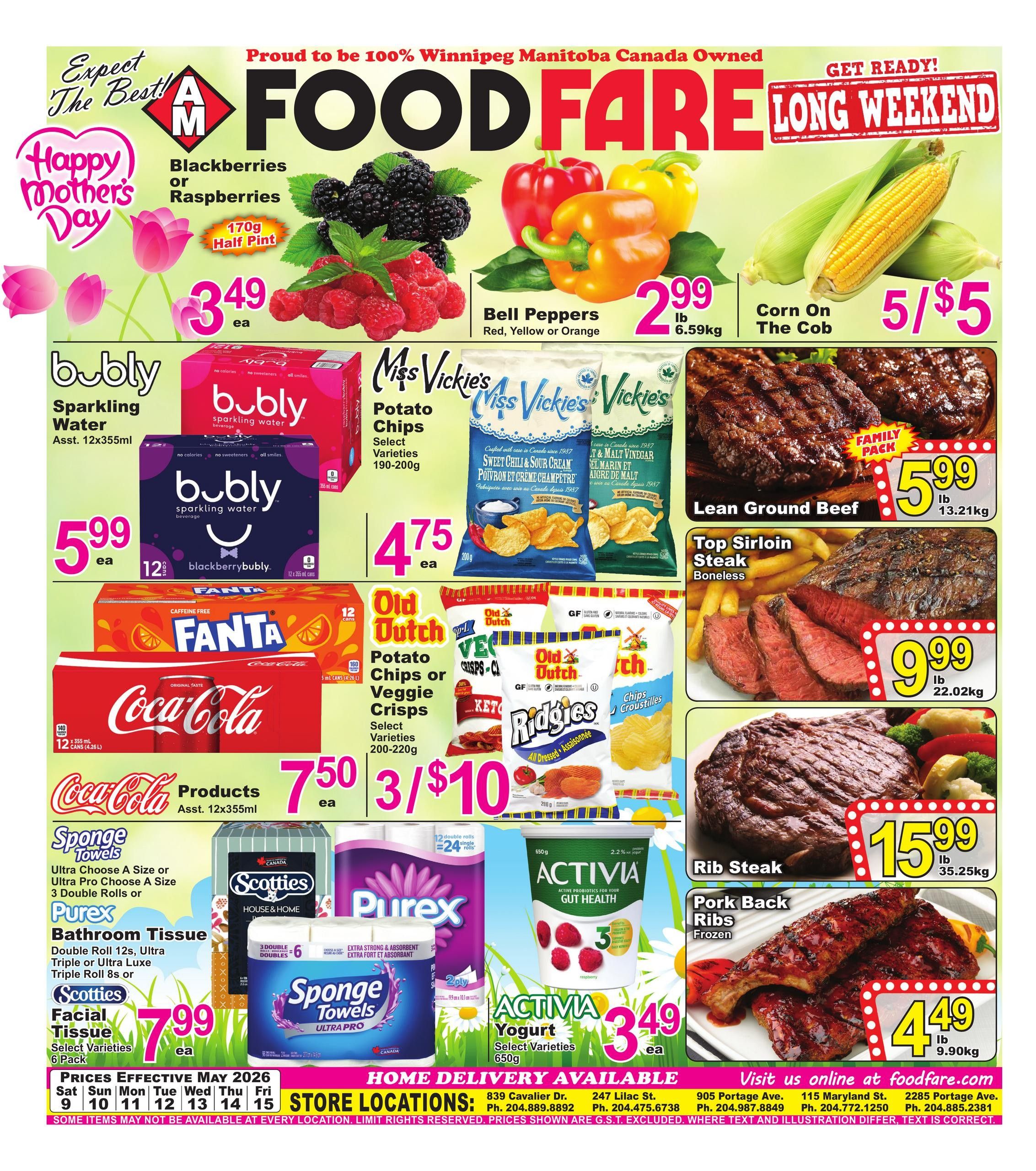 Food Fare Weekly Flyer Specials page 1 features Happy Mother's Day messaging. Deals include Blackberries or Raspberries for $3.49 per 170g half pint, Bell Peppers (Red, Yellow, or Orange) for $2.99 lb (6.59kg), and Corn on the Cob at 5 for $5. Bubly Sparkling Water, assorted 12x355ml cans, is $5.99 each. Miss Vickie's Potato Chips, select varieties 190-200g, are $4.75 each. Old Dutch Potato Chips or Veggie Crisps, select varieties 200-220g, are 3 for $10. Coca-Cola Products, assorted 12x355ml cans, are $7.50 each. For meat specials, Lean Ground Beef is $5.99 lb (13.21kg), and Boneless Top Sirloin Steak is $9.99 lb (22.02kg). Frozen Pork Back Ribs are $4.49 lb (9.90kg). Household items on sale include Scotties Facial Tissue, select varieties, 6 pack for $7.99, and Purex Bathroom Tissue, Double Roll 12s, Ultra Triple or Ultra Luxe Triple Roll 8s, also for $7.99. Scotties Sponge Towels, Ultra Pro, 3 double rolls or 24 single rolls, and Purex Sponge Towels, Ultra Pro, are also available. Activia Yogurt, select varieties 650g, is $3.49 each. Prices are effective May 9-15, 2026. Store locations and home delivery are available.