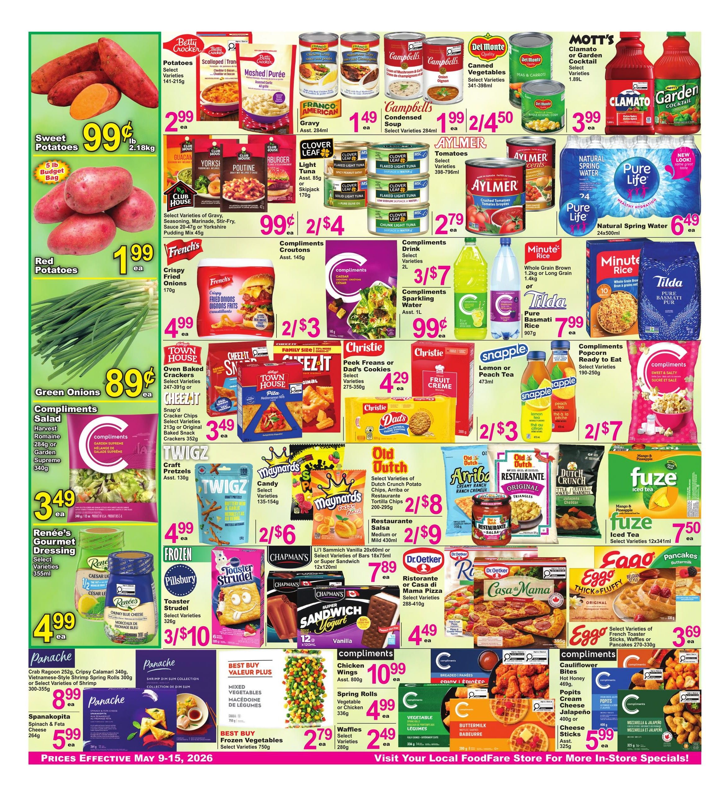 Food Fare Weekly Flyer Specials Page 2 features a variety of grocery items. Sweet Potatoes are on sale for $0.99 per pound, with a 5 lb budget bag available. Red Potatoes are priced at $1.99 each. Green Onions are $0.89 each. Betty Crocker Potatoes are $2.99 each, including Scalloped and Mashed varieties. Franco American Gravy is $1.49 each. Campbell's Condensed Soup is $1.99 each. Del Monte Canned Vegetables are $2.49 for 2, including Peas & Carrots and Whole Kernel Corn. Aylmer Tomatoes are $2.79 each, including Crushed Tomatoes. Mott's Clamato or Garden Cocktail is $3.99 each. Club House Gravy, Poutine, Yorki, and Burger Mixes are $0.99 each. Clover Leaf Light Tuna is $2 for $4. Compliments Croutons are $1.45g. Compliments Drink is 3 for $7 for 2L. Compliments Sparkling Water is $0.99 each for 1L. French's Crispy Fried Onions are $4.99 each. Town House Oven Baked Crackers and Cheez-It Snap'd Crackers are $3.49 each. Christie Peek Freans or Dad's Cookies are $4.29 each. Snapple Lemon or Peach Tea is 2 for $3. Twigz Craft Pretzels are $4.99 each. Maynards Candy is 2 for $6. Old Dutch Crunch Potato Chips, Tortilla Chips, and Restaurant Salsa are $2 for $8 and $2 for $9 respectively. Fuze Iced Tea is $7.50 each. Pillsbury Toaster Strudel is 3 for $10. Chapman's Sandwich Yogurt is $7.89 each. Dr. Oetker Ristorante or Casa di Mama Pizza is $4.49 each. Eggo Thick & Fluffy Pancakes, French Toaster Sticks, Waffles or Pancakes are $3.69 each. Panache Crab Ragoon and Crispy Calamari are $8.99 each. Panache Spanakopita Spinach & Feta Cheese is $5.99 each. Panache Shrimp Dim Sum is $8.99 each. Compliments Chicken Wings are $10.99 each. Compliments Spring Rolls are $4.99 each. Compliments Waffles are $2.49 each. Compliments Cauliflower Bites, Popits Cream Cheese Jalapeno, and Cheese Sticks are $5.99 each. Best Buy Mixed Vegetables are $2.79 each. Best Buy Frozen Vegetables are $2.79 each.