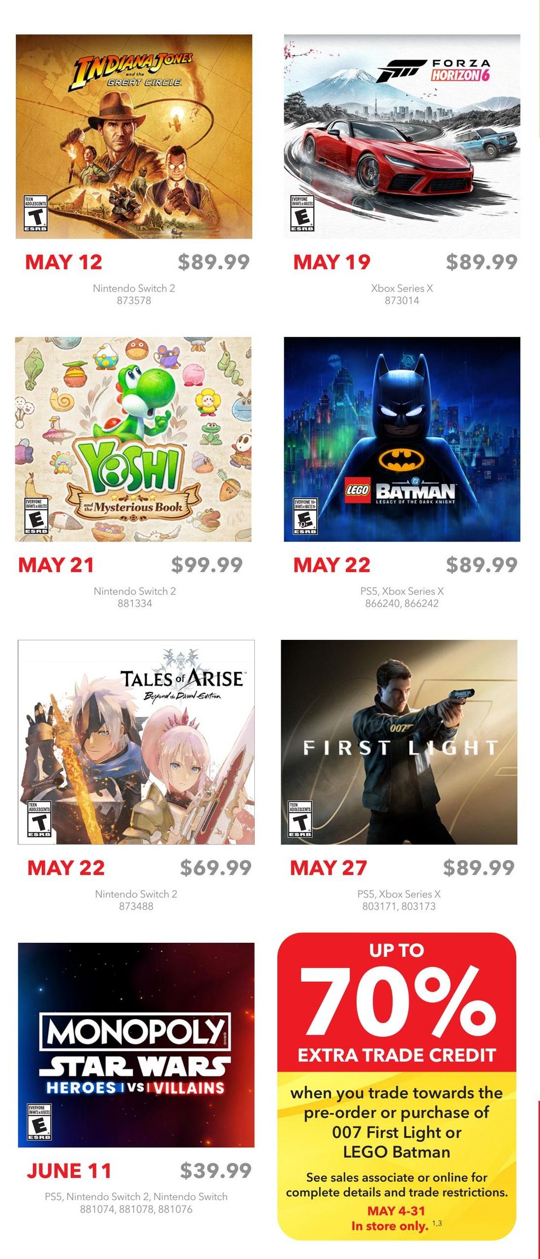 EB Games - GameStop flyer specials page 2. Featured games include Indiana Jones and the Great Circle for Nintendo Switch 2, releasing May 12 for $89.99. Forza Horizon 6 for Xbox Series X releases May 19 for $89.99. Yoshi's Mysterious Book for Nintendo Switch 2 releases May 21 for $99.99. LEGO Batman: Legacy of the Dark Knight for PS5 and Xbox Series X releases May 22 for $89.99. Tales of Arise: Beyond the Dawn Edition for Nintendo Switch 2 releases May 22 for $69.99. 007 First Light for PS5 and Xbox Series X releases May 27 for $89.99. Monopoly Star Wars: Heroes vs Villains for PS5, Nintendo Switch 2, and Nintendo Switch releases June 11 for $39.99. Also, get up to 70% extra trade credit when you trade towards the pre-order or purchase of 007 First Light or LEGO Batman, valid May 4-31 in store only.