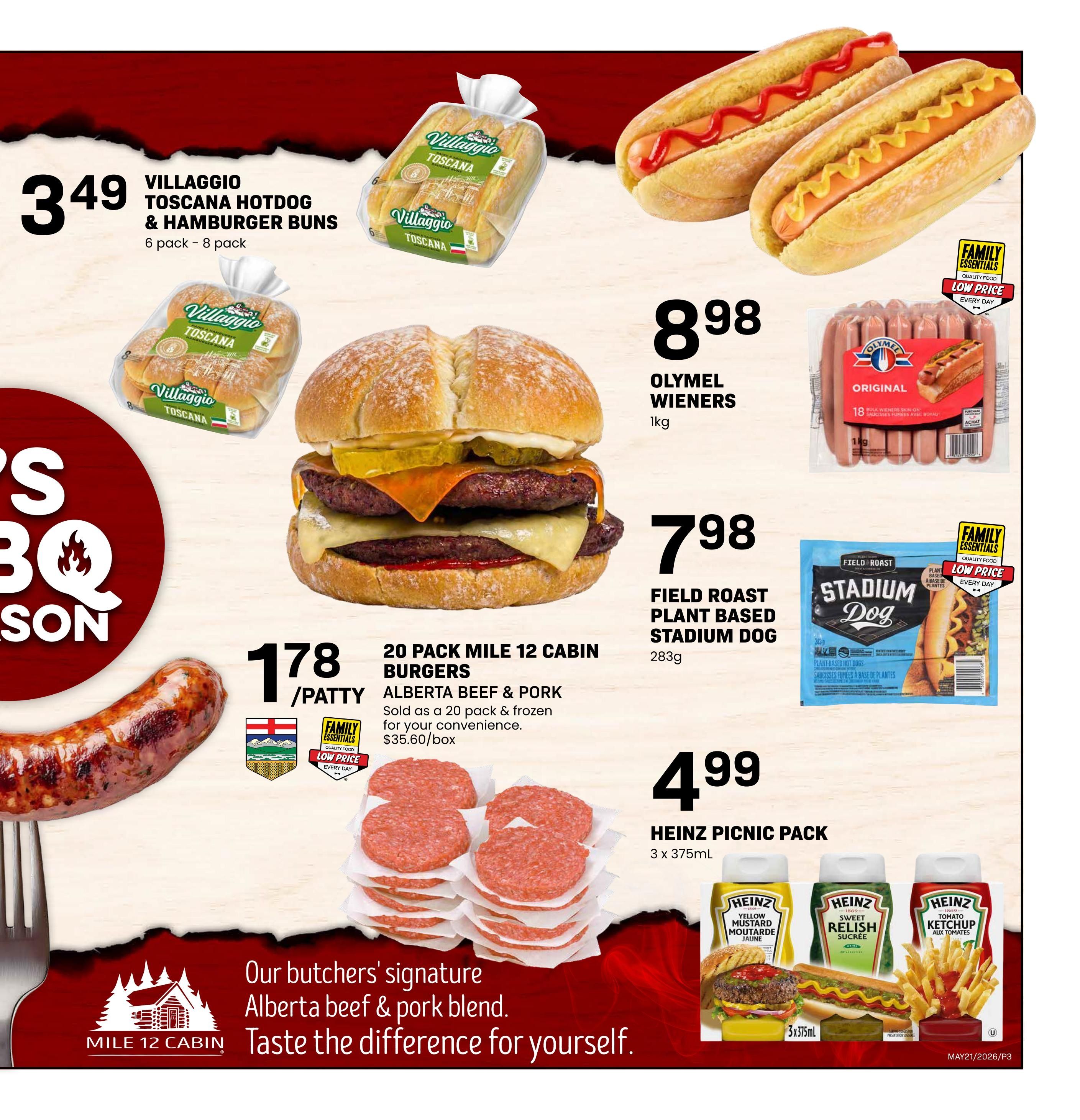Freson Bros weekly flyer specials page 3 features Villaggio Toscana Hotdog & Hamburger Buns for $3.49 (6 pack - 8 pack). Olymel Wieners (1kg) are on sale for $8.98. Field Roast Plant Based Stadium Dog (283g) is $7.98. A 20 pack of Mile 12 Cabin Alberta Beef & Pork Burgers is $1.78 per patty, sold as a 20 pack frozen for $35.60 per box. Heinz Picnic Pack includes 3 x 375mL bottles of Yellow Mustard, Sweet Relish, and Tomato Ketchup for $4.99. The page also highlights 'Our butchers' signature Alberta beef & pork blend. Taste the difference for yourself.