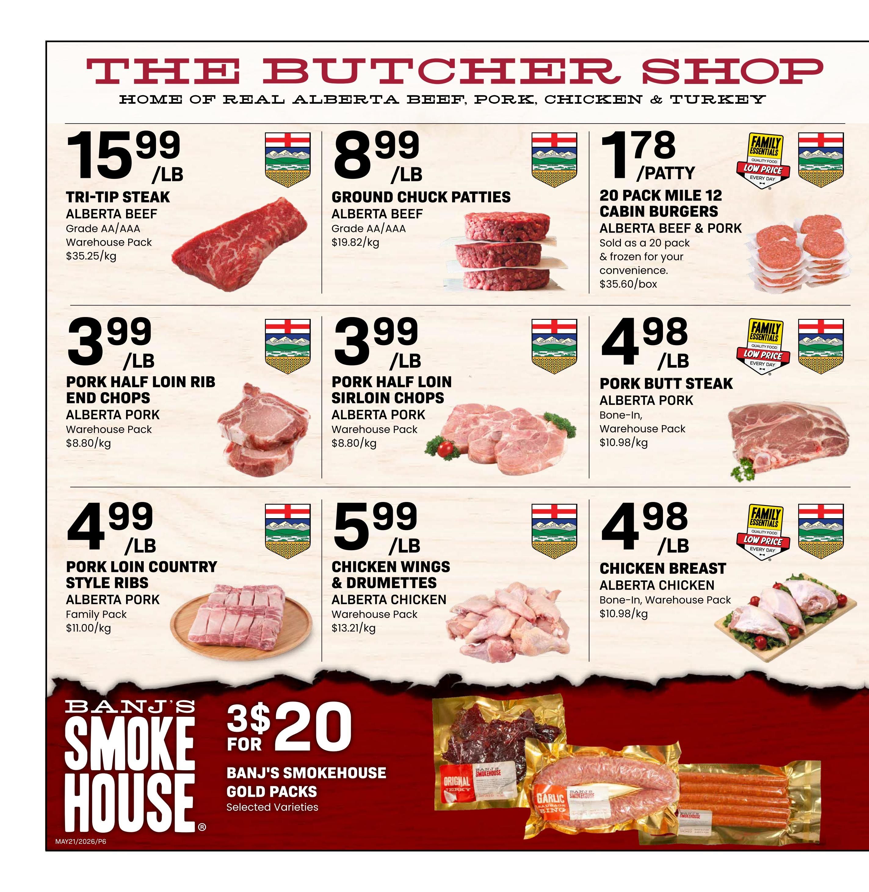 Freson Bros weekly flyer specials page 6 features The Butcher Shop with Alberta Beef and Pork specials. Tri-Tip Steak is $15.99/lb, Ground Chuck Patties are $8.99/lb, and 20 pack Mile 12 Cabin Burgers (Alberta Beef & Pork) are $1.78/patty or $35.60/box. Pork Half Loin Rib End Chops are $3.99/lb, Pork Half Loin Sirloin Chops are $3.99/lb, and Pork Butt Steak is $4.98/lb. Pork Loin Country Style Ribs are $4.99/lb. Alberta Chicken Wings & Drumettes are $5.99/lb, and Bone-In Chicken Breast is $4.98/lb. The bottom features Banj's Smokehouse Gold Packs, 3 for $20, selected varieties.