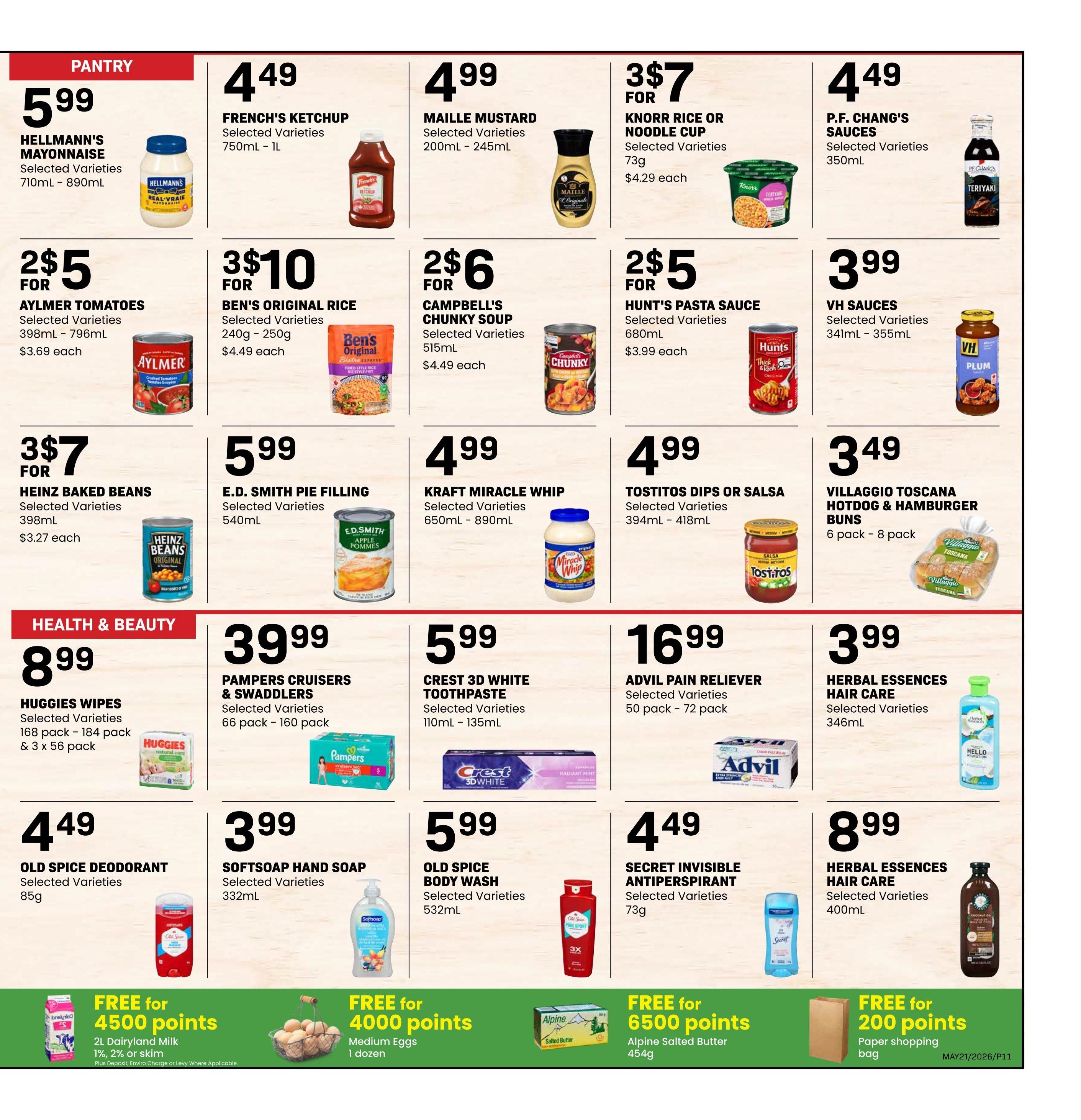 Freson Bros weekly flyer specials page 11 features pantry and health & beauty items. Pantry deals include Hellmann's Mayonnaise for $5.99, French's Ketchup for $4.49, Maille Mustard for $4.99, Knorr Rice or Noodle Cup for 3 for $7, P.F. Chang's Sauces for $4.49, Aylmer Tomatoes for 2 for $5, Ben's Original Rice for 3 for $10, Campbell's Chunky Soup for 2 for $6, Hunt's Pasta Sauce for 2 for $5, VH Sauces for $3.99, Heinz Baked Beans for 3 for $7, E.D. Smith Pie Filling for $5.99, Kraft Miracle Whip for $4.99, Tostitos Dips or Salsa for $4.99, and Villaggio Toscana Hotdog & Hamburger Buns for $3.49. Health & Beauty offers include Huggies Wipes for $8.99, Pampers Cruisers & Swaddlers for $39.99, Crest 3D White Toothpaste for $5.99, Advil Pain Reliever for $16.99, Herbal Essences Hair Care for $3.99, Old Spice Deodorant for $4.49, Softsoap Hand Soap for $3.99, and Secret Invisible Antiperspirant for $4.49. Also featured are free offers for points: Free for 4500 points with 2L Dairyland Milk (1%, 2%, or skim), Free for 4000 points with Medium Eggs (1 dozen), Free for 6500 points with Alpine Salted Butter (454g), and Free for 200 points with a paper shopping bag.