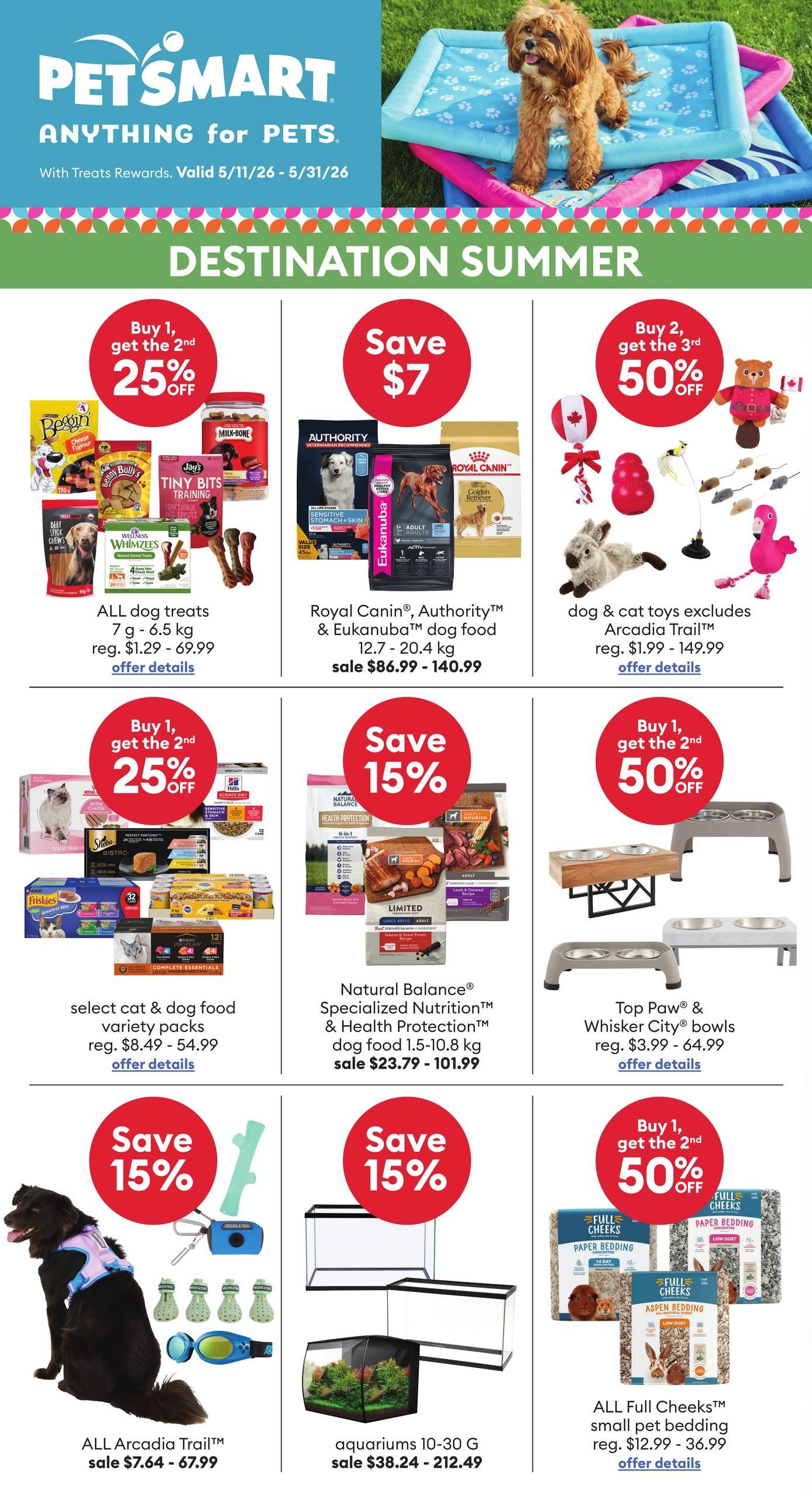 PetSmart flyer page featuring 'Destination Summer' deals. Offers include: Buy 1, get the 2nd 25% off all dog treats (7g - 6.5 kg, reg. $1.29 - $2.99); Save $7 on Royal Canin, Authority, & Eukanuba dog food (12.7 - 20.4 kg, sale $86.99 - $140.99); Buy 2, get the 3rd 50% off dog & cat toys excluding Arcadia Trail (reg. $1.99 - $149.99). Also featured: Buy 1, get the 2nd 25% off select cat & dog food variety packs (reg. $8.49 - $54.99); Save 15% on Natural Balance Specialized Nutrition & Health Protection dog food (1.5 - 10.8 kg, sale $23.79 - $101.99); Buy 1, get the 2nd 50% off Top Paw & Whisker City bowls (reg. $3.99 - $64.99). Additional savings: Save 15% on ALL Arcadia Trail products (sale $7.64 - $67.99); Save 15% on aquariums (10-30 G, sale $38.24 - $212.49); Buy 1, get the 2nd 50% off ALL Full Cheeks small pet bedding (reg. $12.99 - $36.99).