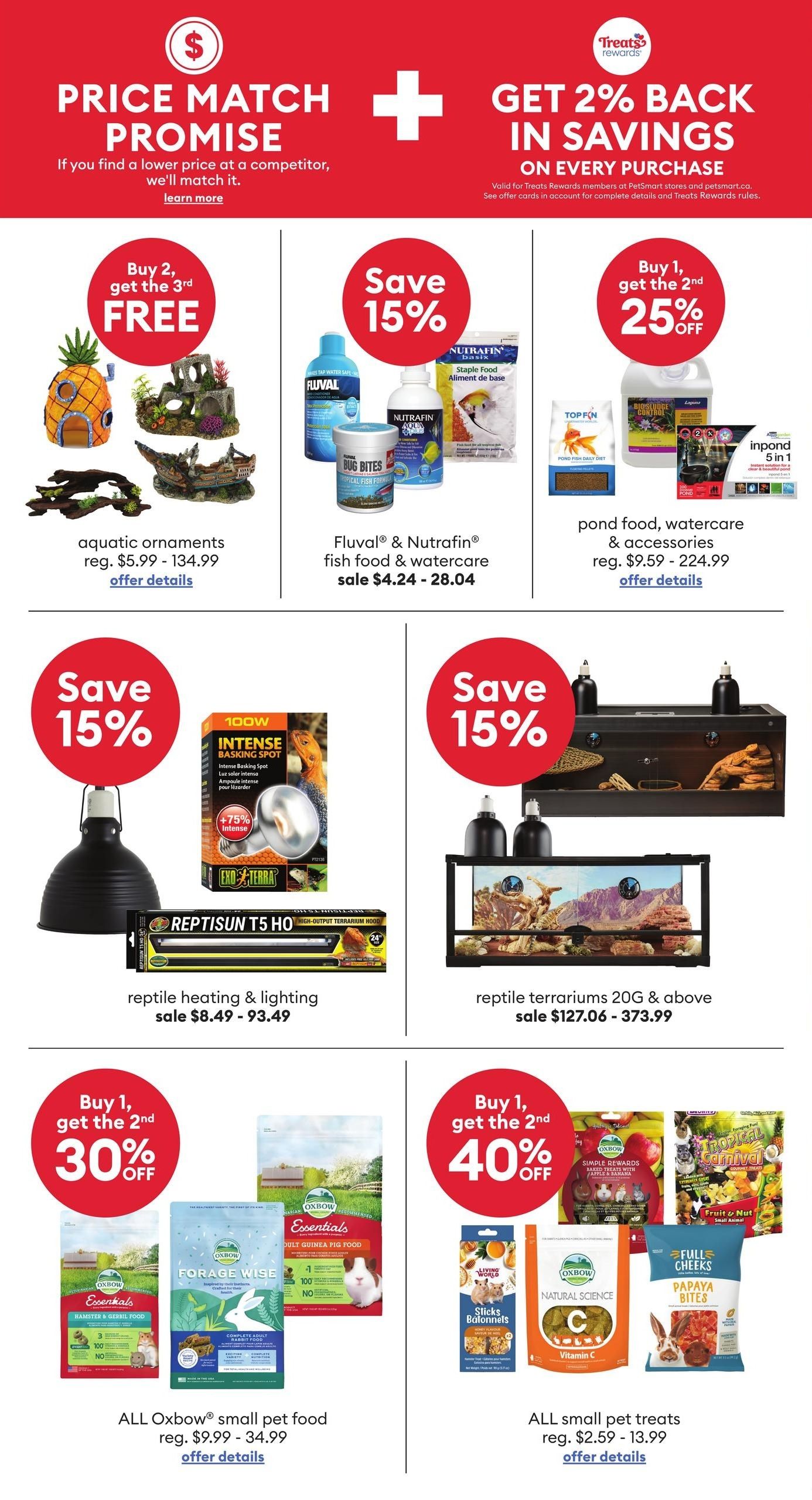 PetSmart flyer page 4 featuring a Price Match Promise and 2% back in savings on every purchase for Treats Rewards members. Offers include: Buy 2, get the 3rd FREE on aquatic ornaments (reg. $5.99 - $134.99). Save 15% on Fluval & Nutrafin fish food & watercare (sale $4.24 - $8.04). Buy 1, get the 2nd 25% OFF pond food, watercare & accessories (reg. $9.59 - $224.99). Save 15% on reptile heating & lighting (sale $8.49 - $93.49) including Reptisun T5 HO. Save 15% on reptile terrariums 20G & above (sale $127.06 - $373.99). Buy 1, get the 2nd 30% OFF ALL Oxbow small pet food (reg. $9.99 - $34.99). Buy 1, get the 2nd 40% OFF ALL small pet treats (reg. $2.59 - $13.99), featuring brands like Oxbow and Full Cheeks.