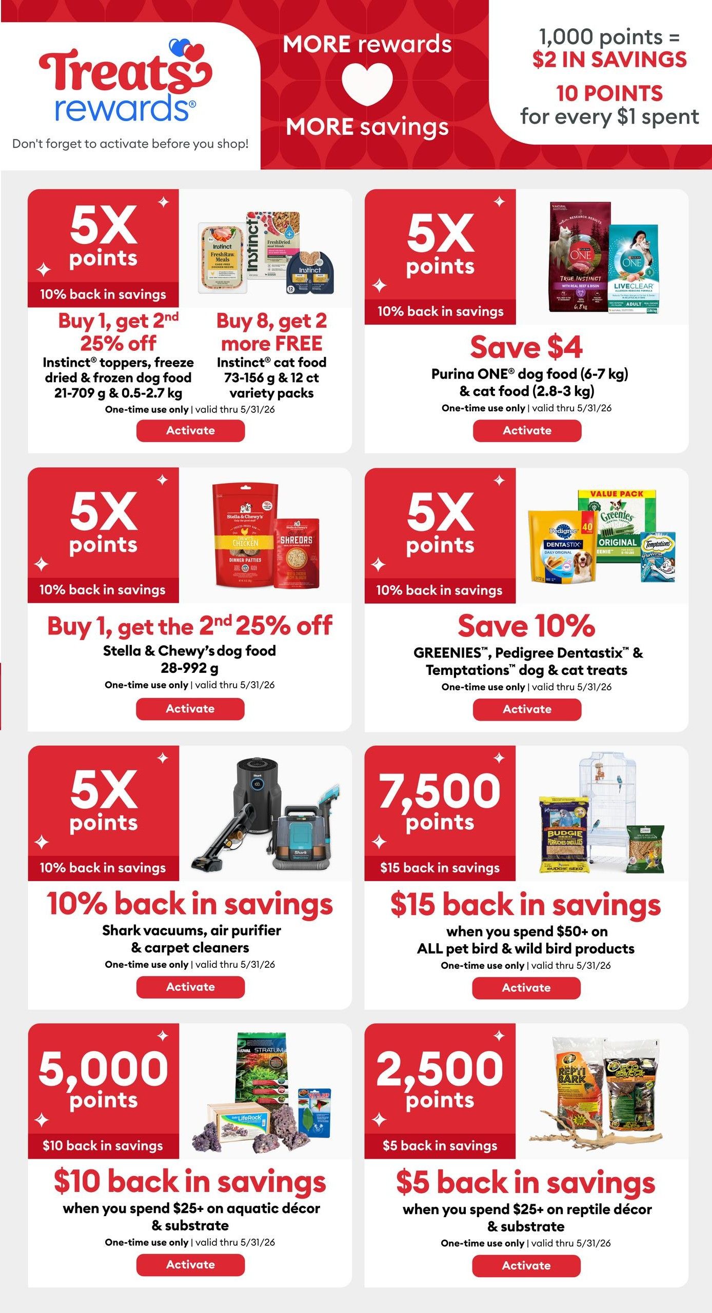 PetSmart Treats Rewards page 8 featuring multiple offers valid until May 31, 2026. Earn 5X points (10% back in savings) on Instinct® toppers, freeze-dried & frozen dog food, buy 1 get 2nd 25% off. Buy 8, get 2 more FREE Instinct® cat food variety packs. Save $4 on Purina ONE® dog food (6-7 kg) & cat food (2.8-3 kg). Buy 1, get 2nd 25% off Stella & Chewy's dog food (28-992 g). Save 10% on GREENIES™, Pedigree Dentastix™ & Temptations™ dog & cat treats. Get 10% back in savings on Shark vacuums, air purifiers & carpet cleaners. Earn 7,500 points ($15 back in savings) when you spend $50+ on ALL pet bird & wild bird products. Earn 5,000 points ($10 back in savings) when you spend $25+ on aquatic décor & substrate. Earn 2,500 points ($5 back in savings) when you spend $25+ on reptile décor & substrate. All offers require one-time use activation.