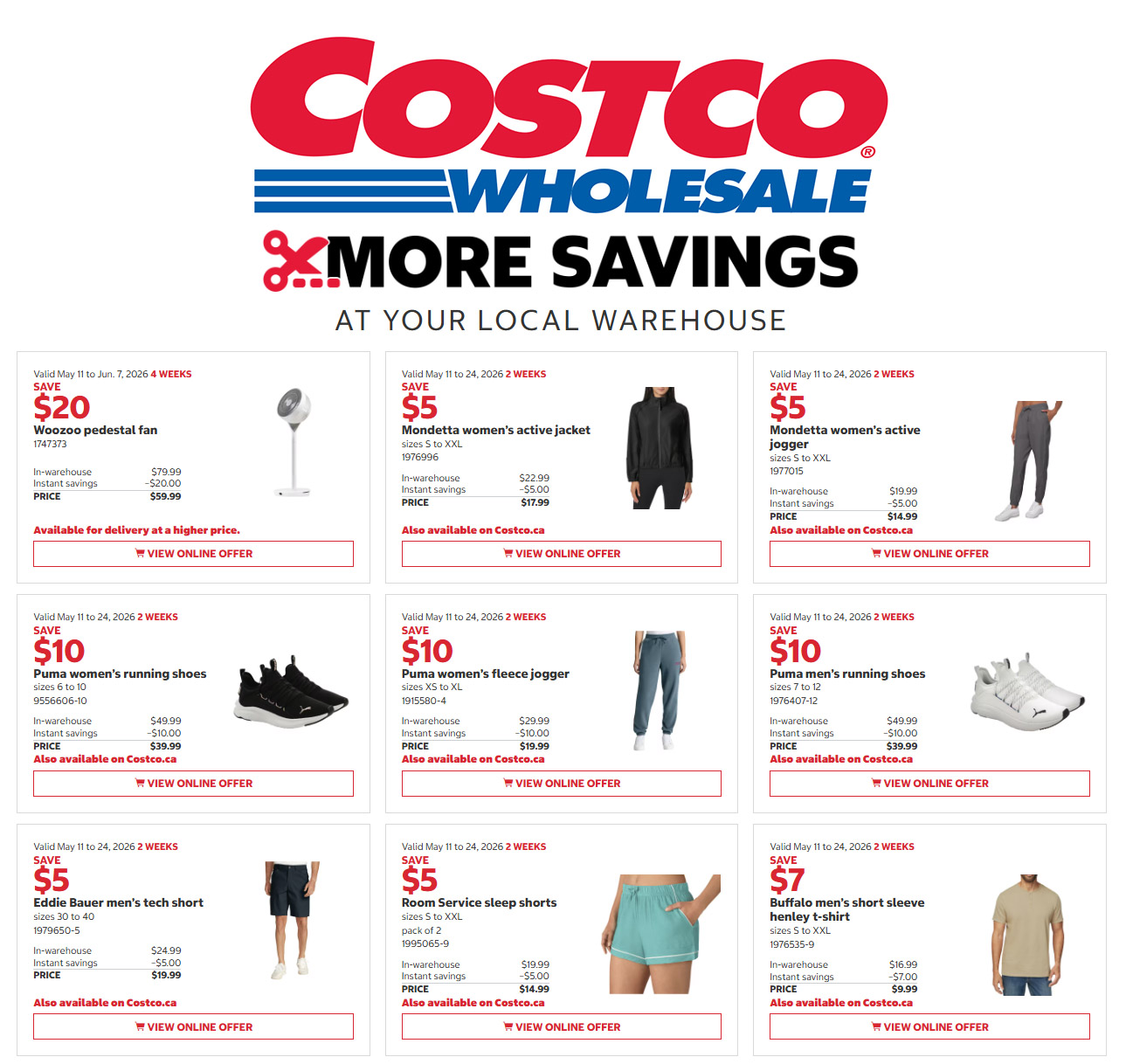 Costco Wholesale flyer, Page 1 of 6, featuring savings from May 11 to June 7, 2026. Offers include a Woozoo pedestal fan for $59.99 (save $20), Mondetta women's active jacket for $17.99 (save $5), and Mondetta women's active jogger for $14.99 (save $5). Also available are Puma women's running shoes for $39.99 (save $10), Puma women's fleece jogger for $19.99 (save $10), Puma men's running shoes for $39.99 (save $10), Eddie Bauer men's tech short for $19.99 (save $5), and Room Service sleep shorts for $14.99 (save $5). Additionally, find Buffalo men's short sleeve henley t-shirt for $9.99 (save $7). Many items are also available on Costco.ca.