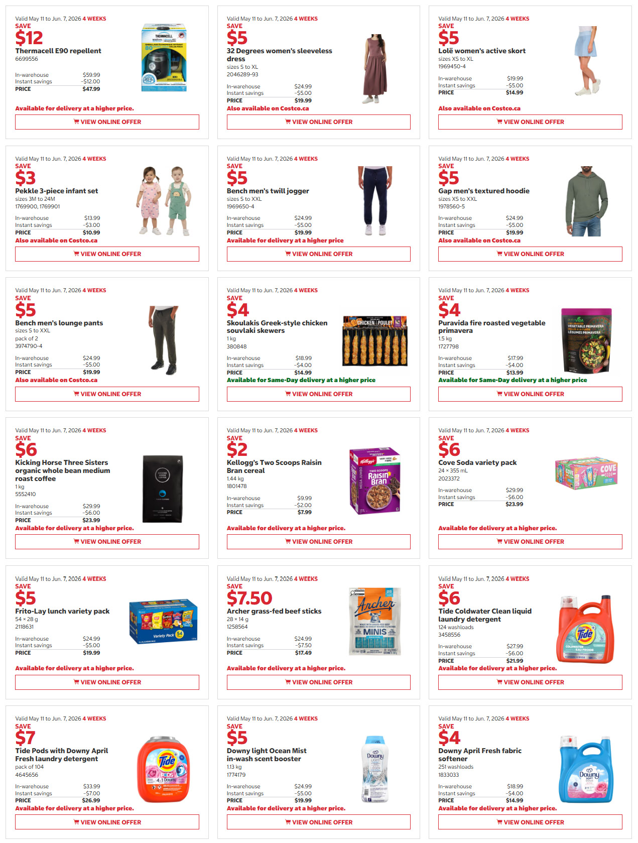 Costco flyer page 4 features savings from May 11 to June 7, 2026. Deals include ThermaCell E90 repellent for $47.99, 32 Degrees women's sleeveless dress for $19.99, Pekkle 3-piece infant set for $10.99, Bench men's twill jogger for $19.99, Bench men's lounge pants for $19.99, Gap men's textured hoodie for $19.99, Skoulakis Greek-style chicken souvlaki skewers for $14.99, Puravida fire roasted vegetable primavera for $13.99, Kicking Horse Three Sisters organic whole bean medium roast coffee for $23.99, Kellogg's Two Scoops Raisin Bran cereal for $7.99, Cove Soda variety pack for $23.99, Frito-Lay lunch variety pack for $19.99, Archer grass-fed beef sticks for $17.49, Tide Pods with Downy April Fresh laundry detergent for $26.99, Tide Coldwater Clean liquid laundry detergent for $21.99, and Downy Ocean Mist in-wash scent booster for $19.99. Some items are also available on Costco.ca or for Same-Day Delivery at a higher price.