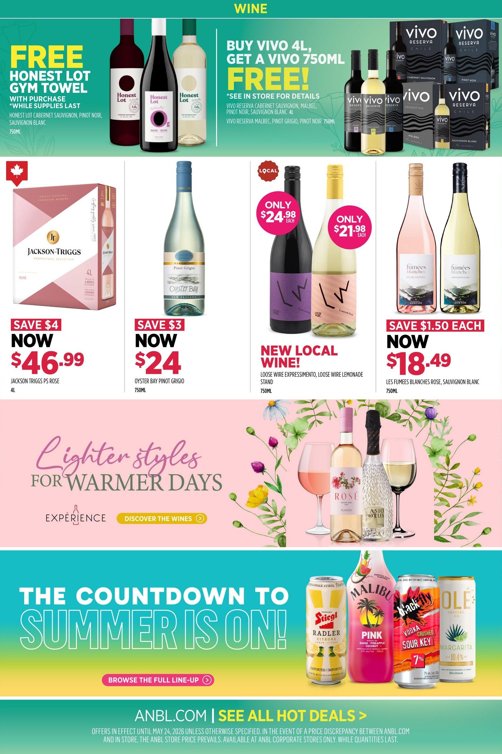 Alcool NB Liquor flyer page 3 features wine specials. Get a FREE Honest Lot gym towel with the purchase of any Honest Lot Cabernet Sauvignon, Pinot Noir, or Sauvignon Blanc 750ml, while supplies last. Buy any 4L VIVO wine and get a 750ml VIVO wine FREE, including VIVO Reserva Cabernet Sauvignon, Malbec, Pinot Noir, Sauvignon Blanc. Save $4 on Jackson-Triggs PS Rose 4L, now $46.99. Save $3 on Oyster Bay Pinot Grigio 750ml, now $24. New local wines include Loose Wire Expresimento and Loose Wire Lemonade Stand, both 750ml, priced at $24.98 and $21.98 respectively. Save $1.50 each on Les Fumees Blanches Rose and Sauvignon Blanc 750ml, now $18.49. The page also highlights 'Lighter styles for warmer days' and 'The Countdown to Summer is On!' with a call to browse the full line-up. Featured canned beverages include Stiegl Radler Zitrone, Malibu Pink Guava Pineapple, Black Fly Vodka Crushed Sour Key, and Ole Cocktail Co. Margarita.