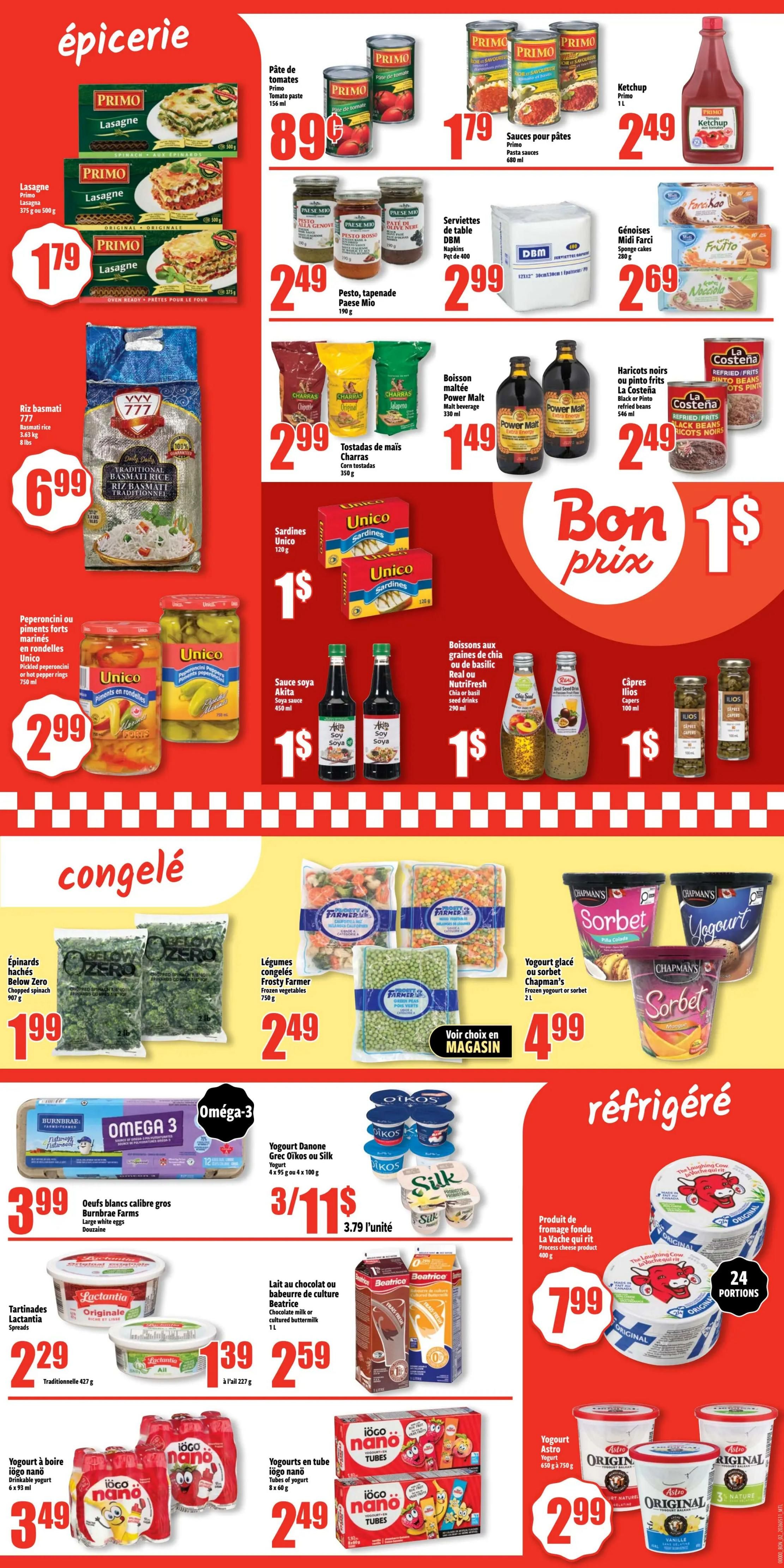 Bonanza weekly flyer specials page 2. Featuring grocery items including Primo Lasagna for $1.79, Primo Tomato Paste for $0.89, Primo Pasta Sauces for $1.79, Primo Ketchup for $2.49, DBM Table Napkins for $2.99, Paese Mio Pesto and Tapenade for $2.49, Midi Farci Cookies for $2.69, Charas Corn Tortillas for $2.99, Power Malt Beverage for $1.49, La Costena Black or Pinto Refried Beans for $2.49, Unico Sardines for $1, Unico Pickled Pepperoncini or Hot Pepper Rings for $2.99, Akita Soy Sauce for $1, NutriFresh Chia or Basil Seed Drinks for $1, and Ilios Capers for $1. Frozen section includes Below Zero Chopped Spinach for $1.99, Frosty Farmer Frozen Vegetables for $2.49. Refrigerated items include Burnbrae Farms Large White Eggs for $3.99, Lactantia Spreads for $2.29 and $1.39, Beatrice Chocolate Milk or Cultured Buttermilk for $2.59, Oikos or Silk Yogurt Cups for 3 for $11, Iögo Nano Tubes Yogurt for $3.49, Iögo Nano Tubes Yogurt for $2.49, The Laughing Cow Process Cheese Product for $7.99, and Astro Original Yogurt for $2.99.