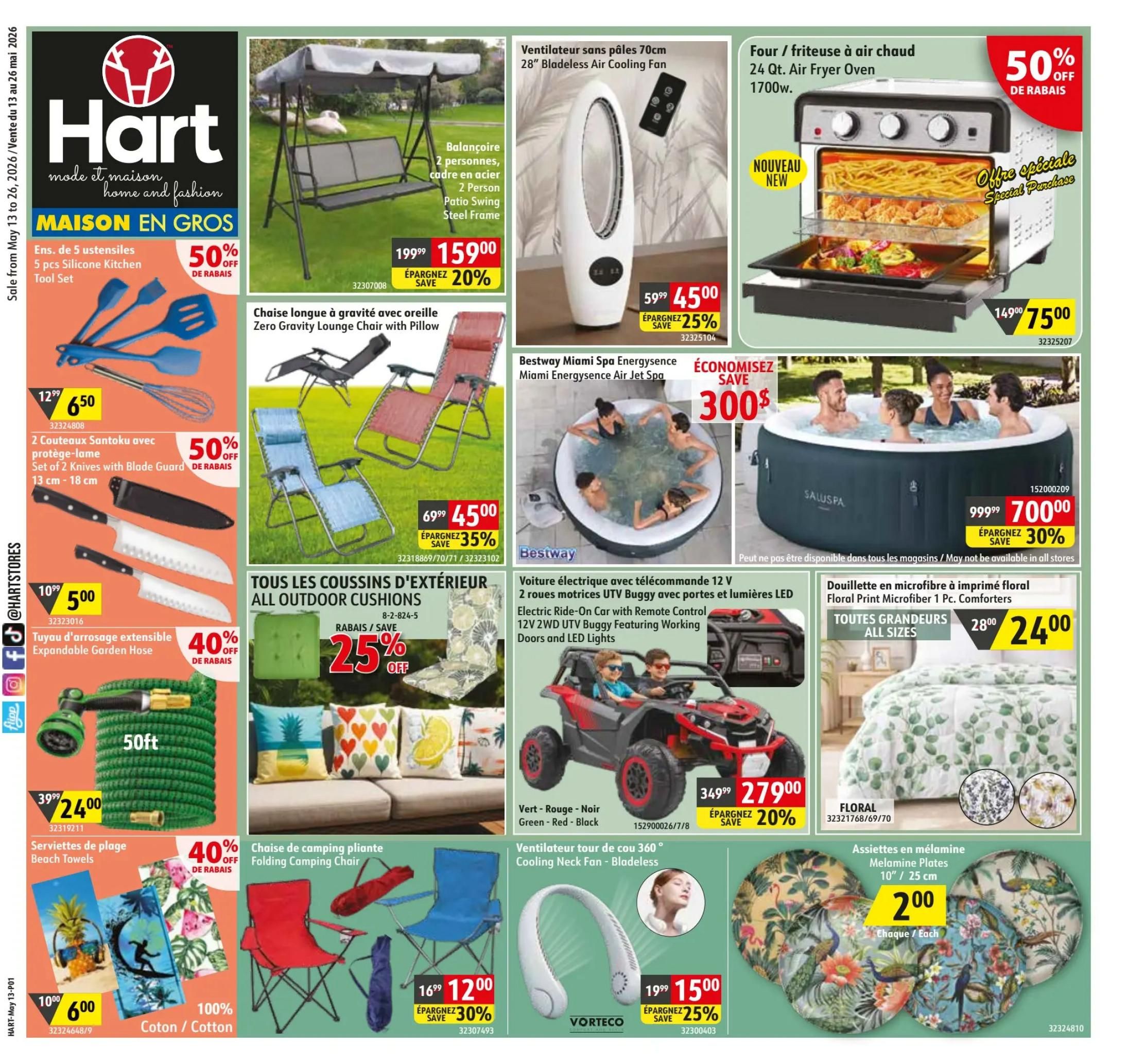 Hart flyer specials page 1 features a 2-person patio swing with steel frame on sale for $159.00, saving 20%. Also available is a 5-piece silicone kitchen tool set for $6.50 and a set of 2 Santoku knives with blade guard for $5.00, both with 50% off. An expandable garden hose (50ft) is $24.00 (40% off), and beach towels are $6.00 (40% off). Outdoor cushions are 25% off. A 28' bladeless cooling fan is $45.00 (25% off). A 24 Qt. Air Fryer Oven (1700w) is specially priced at $75.00 (50% off). The Bestway Miami Spa Energysense Air Jet Spa is $300.00 off, priced at $700.00 (30% off). A 12V 2-seat electric ride-on UTV buggy with remote control and LED lights is $279.00 (20% off). Folding camping chairs are $12.00 (30% off). A cooling neck fan is $15.00 (25% off). Floral print microfiber comforters are $24.00, and melamine plates (10' / 25 cm) are $2.00 each.