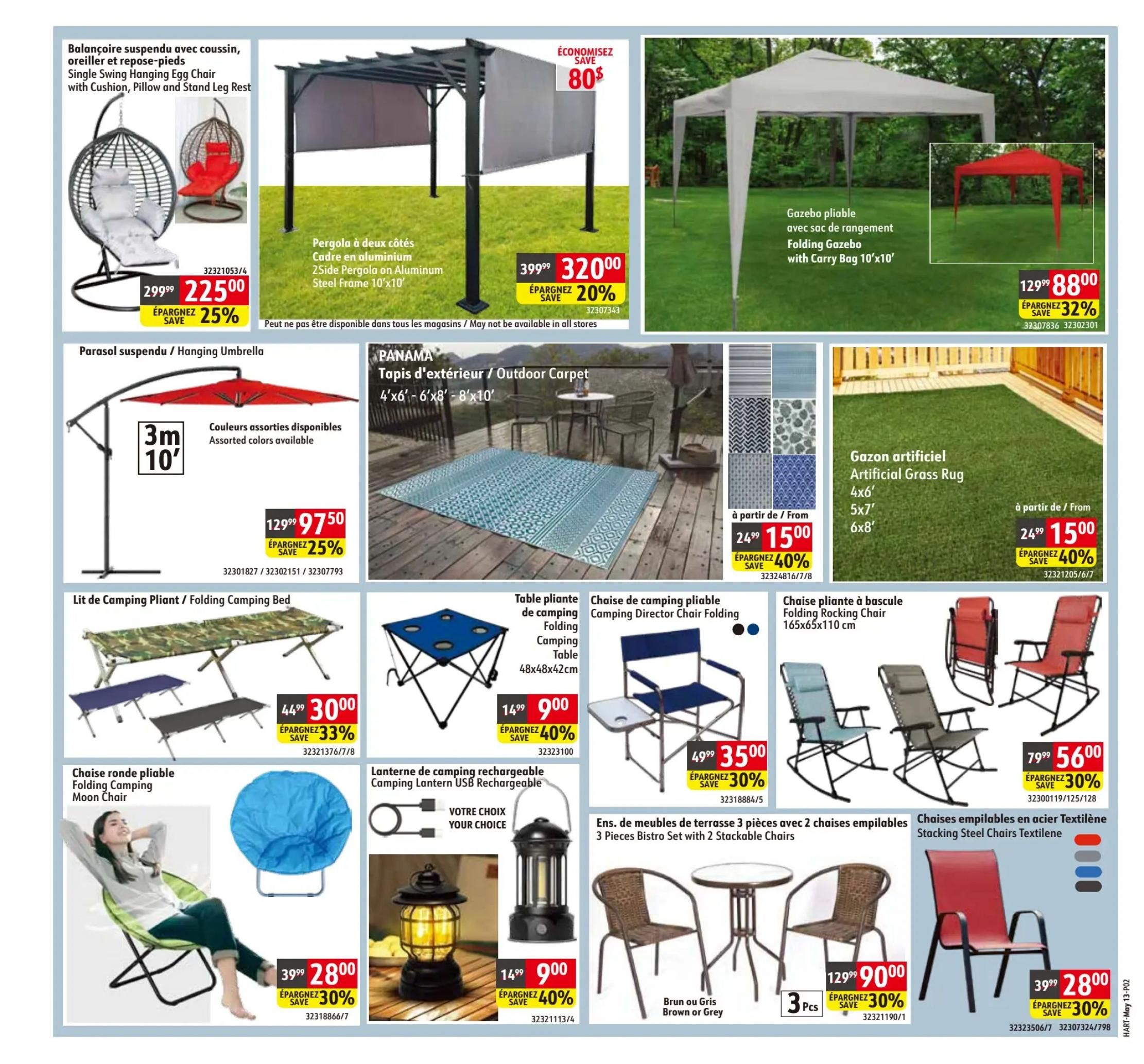 Hart flyer specials page 2 features outdoor and camping gear. A Single Swing Hanging Egg Chair with cushion is on sale for $225.00, saving 25%. A 2-Side Pergola with aluminum steel frame is priced at $320.00, a 20% saving. A Folding Gazebo with carry bag is available for $88.00, with a 32% discount. The page also showcases a 3m x 10' Hanging Umbrella for $97.50, saving 25%. Panama Outdoor Carpets in various sizes (4'x6', 6'x8', 8'x10') are starting at $15.00, with a 40% saving. Artificial Grass Rugs in sizes 4'x6', 5'x7', and 6'x8' are also starting at $15.00, with a 40% saving. Folding Camping Beds are on sale for $30.00, a 33% saving. A Folding Camping Moon Chair is priced at $28.00, saving 30%. A Folding Camping Table is $9.00, saving 40%. A Camping Director Chair Folding is $35.00, saving 30%. A rechargeable Camping Lantern with USB is $9.00, saving 40%. A 3-Piece Bistro Set with 2 stackable chairs is $90.00, saving 30%. Finally, Stacking Steel Chairs with Textilene are $28.00, saving 30%.