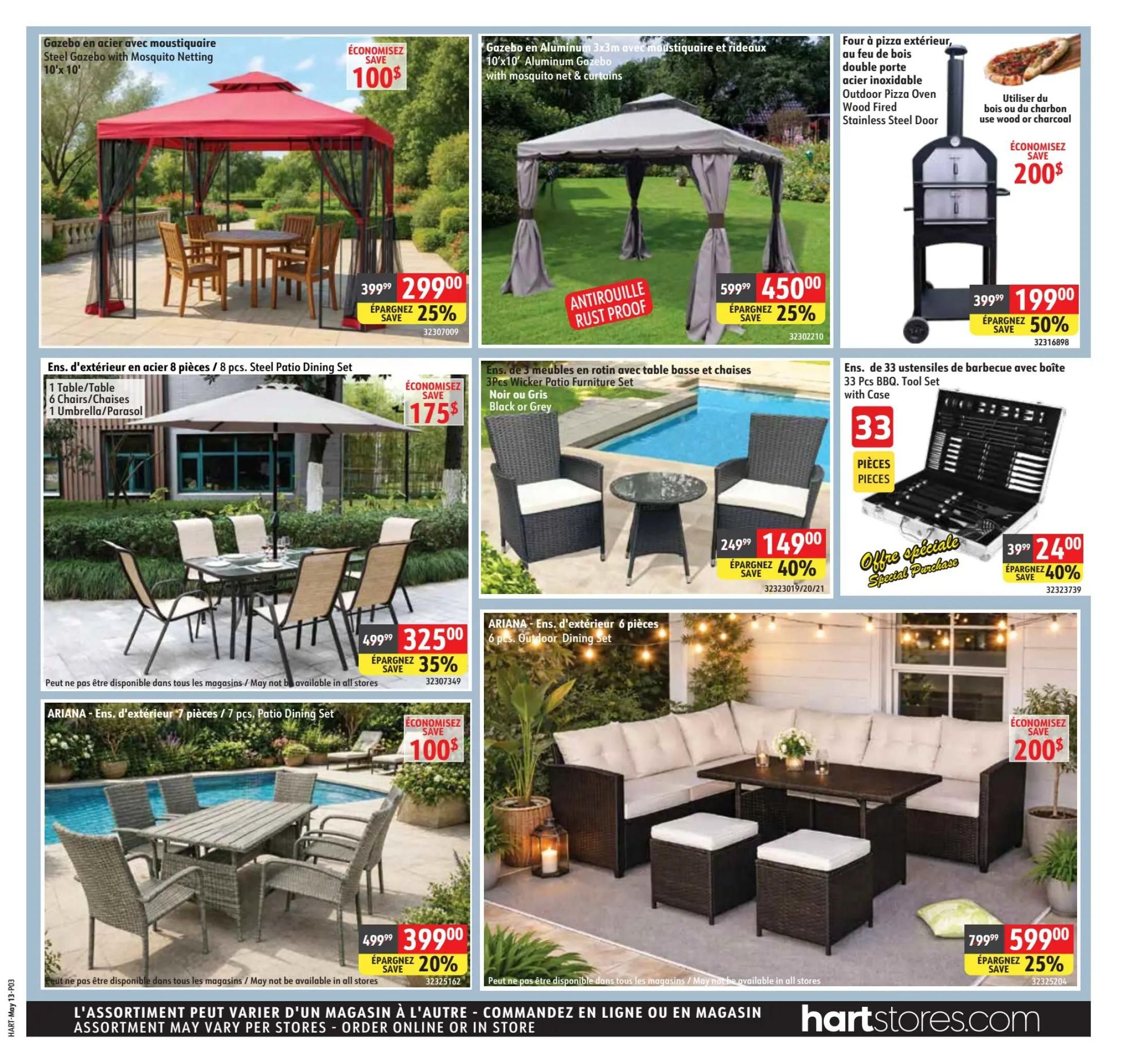 Hart flyer specials page 3 features outdoor furniture and cooking items. A red steel gazebo with mosquito netting is on sale for $299.00, saving $100 and 25% off. An aluminum gazebo with mosquito net and curtains is priced at $450.00, a 25% saving. An outdoor wood-fired pizza oven with a stainless steel door is available for $199.00, a 50% discount. A 8-piece steel patio dining set is $175.00. Another 8-piece steel patio dining set is $325.00, with a 35% saving. A 3-piece wicker patio furniture set in black or grey with a coffee table and chairs is $149.00, a 40% discount. The ARIANA 7-piece patio dining set is $399.00, a 20% saving. A 6-piece outdoor dining set is $200.00 off. Finally, a large outdoor sectional sofa set is on sale for $599.00, a 25% saving.