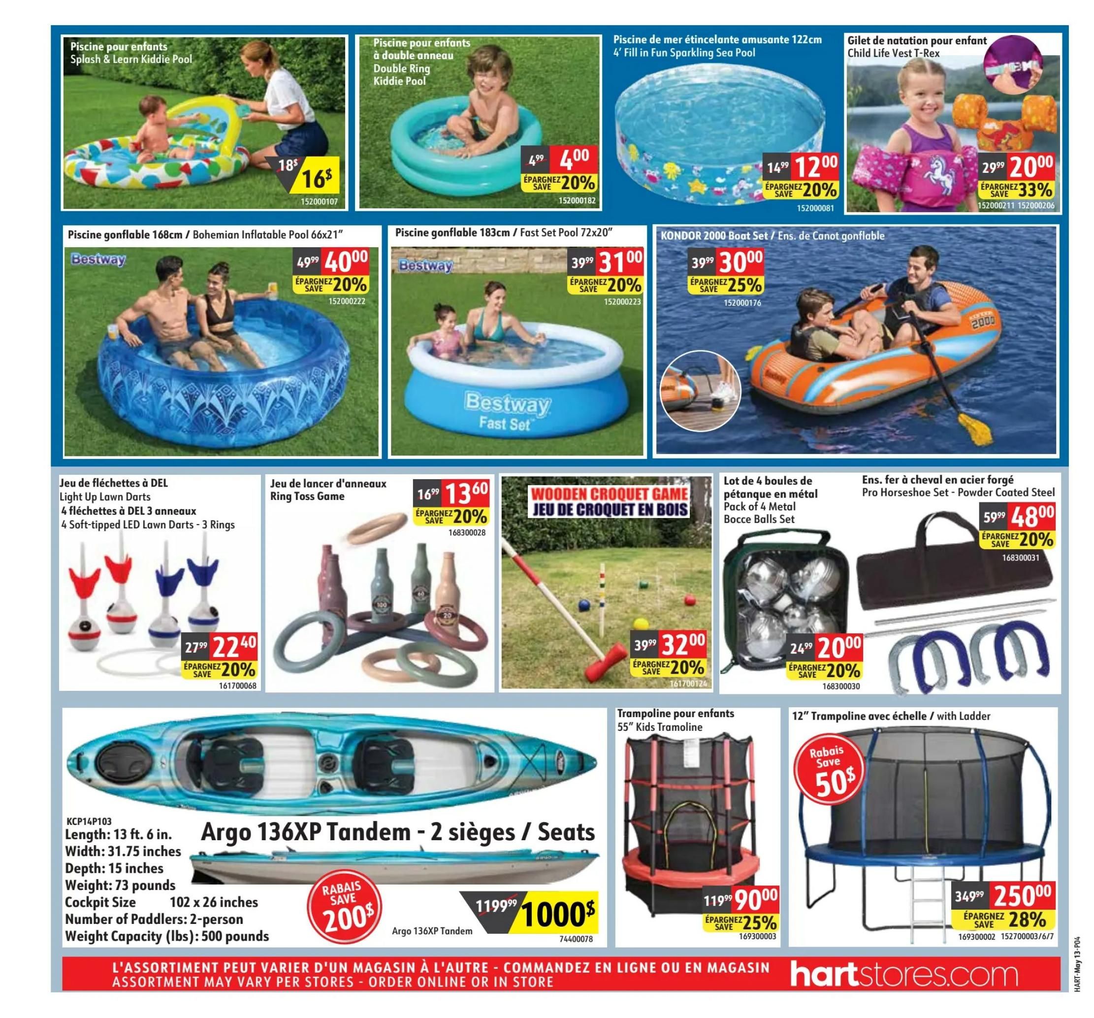 Hart flyer page 4 features a variety of outdoor and recreational items. Top row includes the Splash & Learn Kiddie Pool for $16 (save $2), the Double Ring Kiddie Pool for $4.00 (save 20%), a 4' Fill in Fun Sparkling Sea Pool for $12.00 (save 20%), and a Child Life Vest T-Rex for $20.00 (save 33%). The middle row showcases a Bestway 168cm Bohemian Inflatable Pool for $40.00 (save 20%), a Bestway 183cm Fast Set Pool for $31.00 (save 20%), a Kondor 2000 Boat Set for $30.00 (save 25%), DEL Light Up Lawn Darts for $22.40 (save 20%), a Ring Toss Game for $13.60 (save 20%), a Wooden Croquet Game for $32.00 (save 20%), a 4 Metal Bocce Balls Set for $20.00 (save 20%), and a Pro Horseshoe Set for $48.00 (save 20%). The bottom section features an Argo 136XP Tandem 2-Seater Kayak with a $200 savings, a 55' Kids Trampoline for $90.00 (save 25%), and a 12' Trampoline with Ladder for $25.00 (save 28%). The bottom banner reads 'Assortment may vary per stores - Order online or in store' and displays hartstores.com.