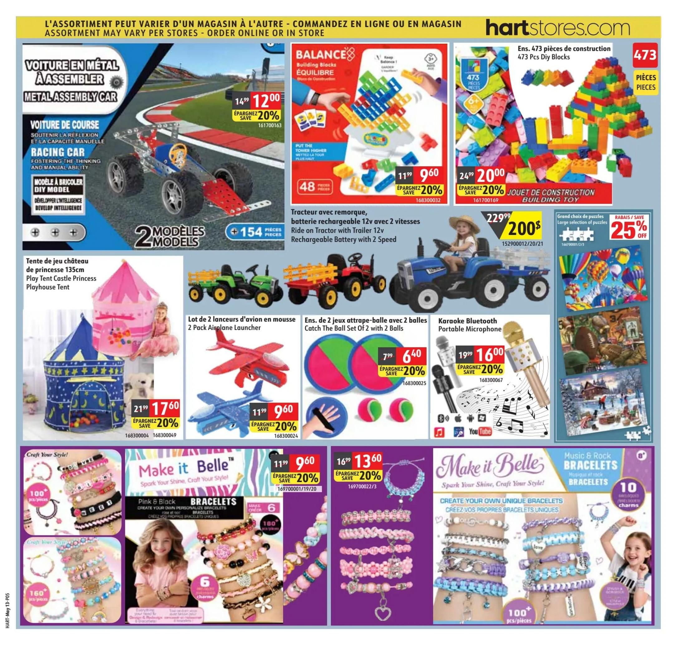 Hart flyer page 5 features a variety of toys and crafts. A metal assembly car is on sale for $12.00, down from $14.99, with a 20% saving. A Balance building blocks set is $9.60, down from $11.99, also with a 20% saving. A 473-piece construction toy set is $20.00, down from $24.99, saving 20%. A ride-on tractor with trailer is available for $200.00, down from $229.99. A large selection of puzzles is 25% off. A princess play tent castle is $17.60, down from $21.99, saving 20%. A 2-pack airplane launcher set is $9.60, down from $11.99, saving 20%. A catch the ball set of 2 with 2 balls is $6.40, down from $7.99, saving 20%. A karaoke Bluetooth portable microphone is $16.00, down from $19.99, saving 20%. The page also showcases 'Make it Belle' bracelet kits, including a Pink & Black bracelet kit with 100+ pieces for $9.60, down from $11.99 (20% off), and a Music & Rock bracelet kit with 100+ pieces and 10 charms for $13.60, down from $16.99 (20% off).