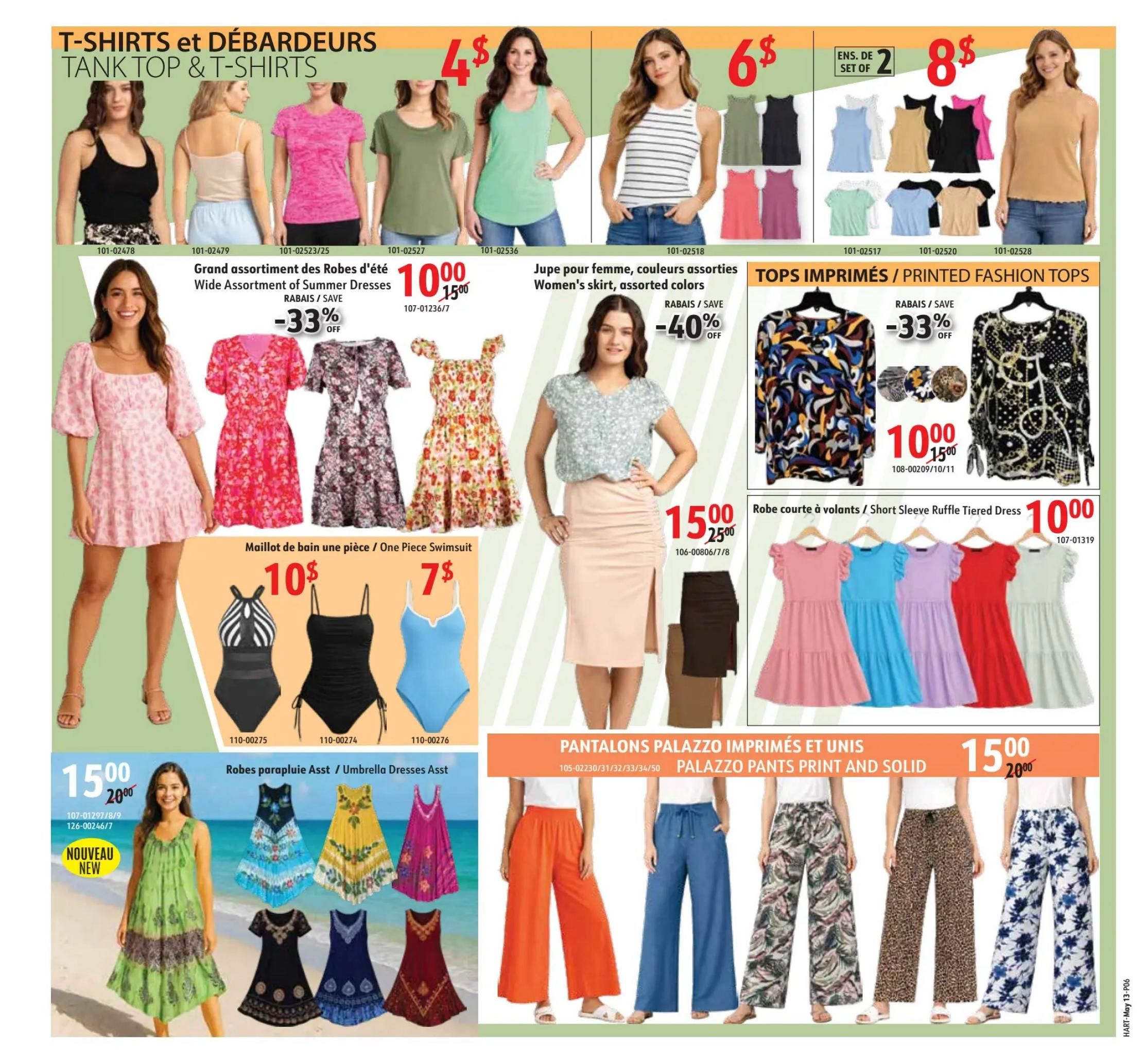 Hart flyer page 6 features a variety of women's apparel. Top section showcases tank tops and t-shirts with prices starting at $4. It includes a 'Grand assortment of summer dresses' for $10.00 (originally $15.00) with a 33% discount, and women's skirts in assorted colours for $15.00 (originally $25.00) with a 40% discount. Also featured are 'Printed fashion tops' for $10.00 (originally $15.00) with a 33% discount. The middle section displays 'Short sleeve ruffle tiered dresses' for $10.00. Below, 'One piece swimsuits' are available for $10.00 and $7.00. The bottom section highlights 'Umbrella dresses' for $15.00 (originally $20.00) and 'Palazzo pants' in prints and solid colours for $15.00.