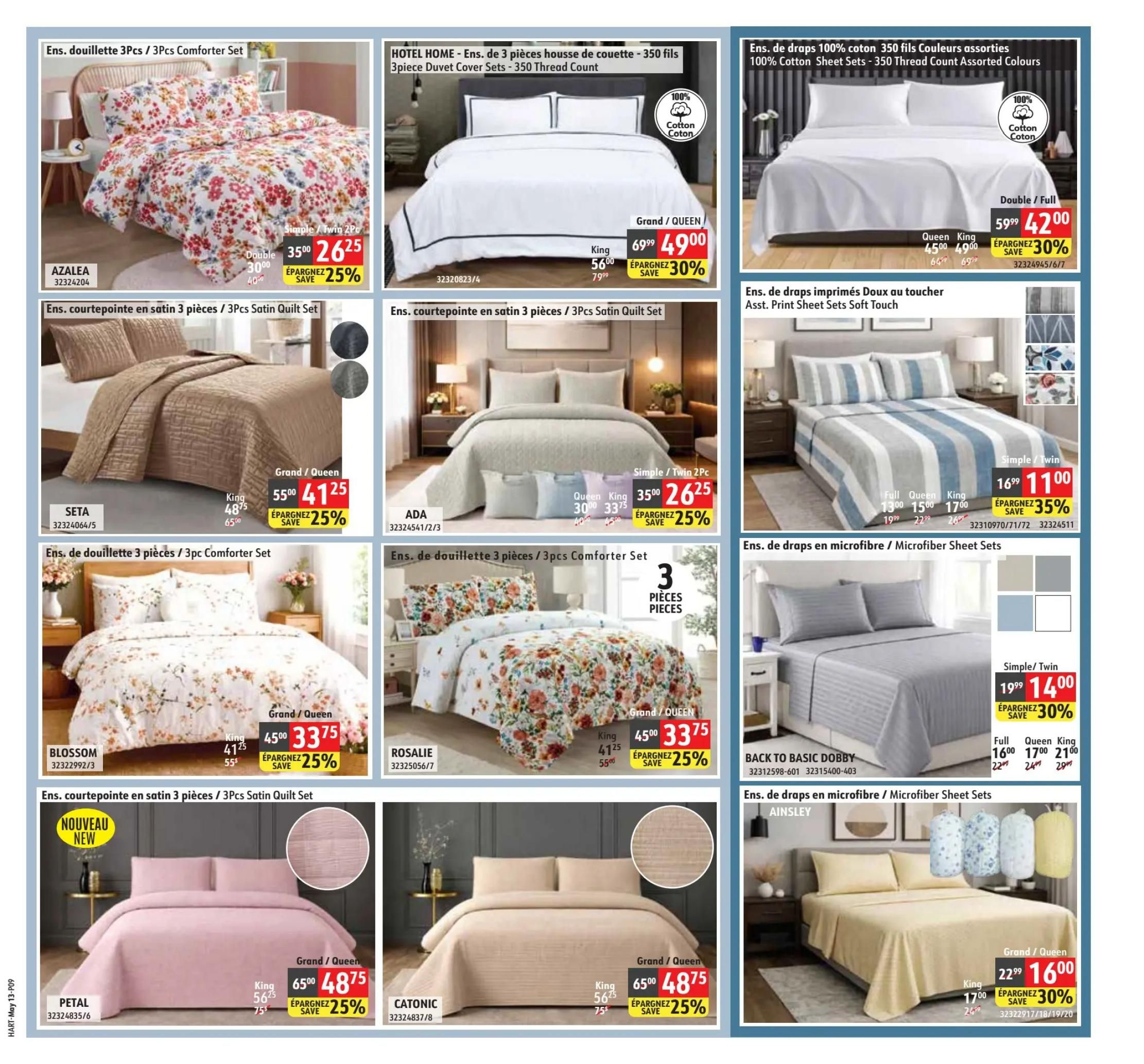 Hart flyer specials page 9 features a variety of bedding sets. Top row includes AZALEA 3-piece comforter set for $26.25 (save 25%), HOTEL HOME 3-piece duvet cover set (350 thread count) for $49.00 (save 30%), and 100% cotton 350 thread count sheet sets in assorted colours for $42.00 (save 30%). Middle row showcases SETA 3-piece satin quilt set for $41.25 (save 25%), ADA 3-piece comforter set for $26.25 (save 25%), and assorted print soft touch sheet sets starting at $11.00 (save 35%). Bottom row features BLOSSOM 3-piece comforter set for $33.75 (save 25%), ROSALIE 3-piece comforter set for $33.75 (save 25%), BACK TO BASIC DOBBY microfiber sheet sets starting at $14.00 (save 30%), and PETAL new arrival 3-piece satin quilt set for $48.75 (save 25%). Also shown are CATONIC 3-piece satin quilt set for $48.75 (save 25%) and AINSLEY microfiber sheet sets for $16.00 (save 30%).