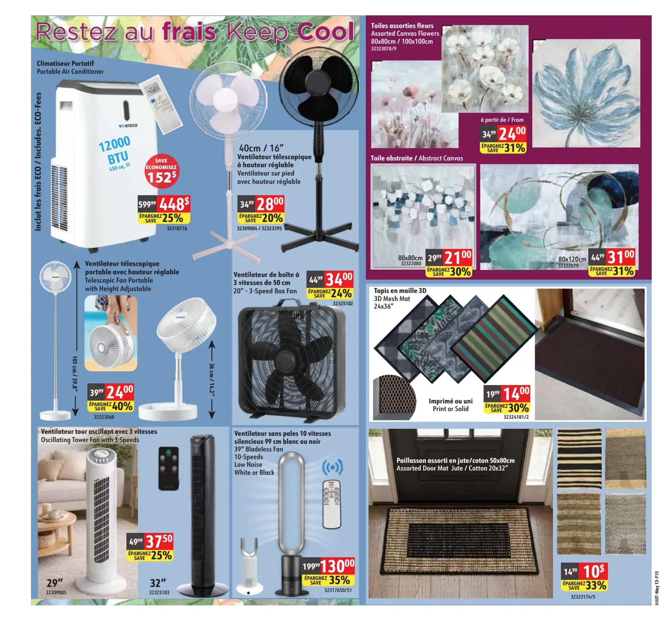 Hart flyer page 10 features cooling and home decor items. A VORTECO portable air conditioner with 12000 BTU capacity is on sale for $448, saving $152 or 25%. Also featured are several fans: a 40cm/16' adjustable height pedestal fan for $28.00 (save 20%), a 20' 3-speed box fan for $34.00 (save 24%), a 29' oscillating telescopic fan with height adjustment for $24.00 (save 40%), and a 32' 10-speed bladeless tower fan (99cm) in white or black for $130.00 (save 35%). Home decor includes assorted canvas flowers (80x80cm/100x100cm) starting from $24.00 (save 31%), abstract canvas art (80x120cm) for $31.00 (save 31%), and 3D mesh mats (24x36') available in print or solid colours for $14.00 (save 30%). Assorted door mats made of jute/cotton (50x80cm) are priced at $10.00 (save 33%).