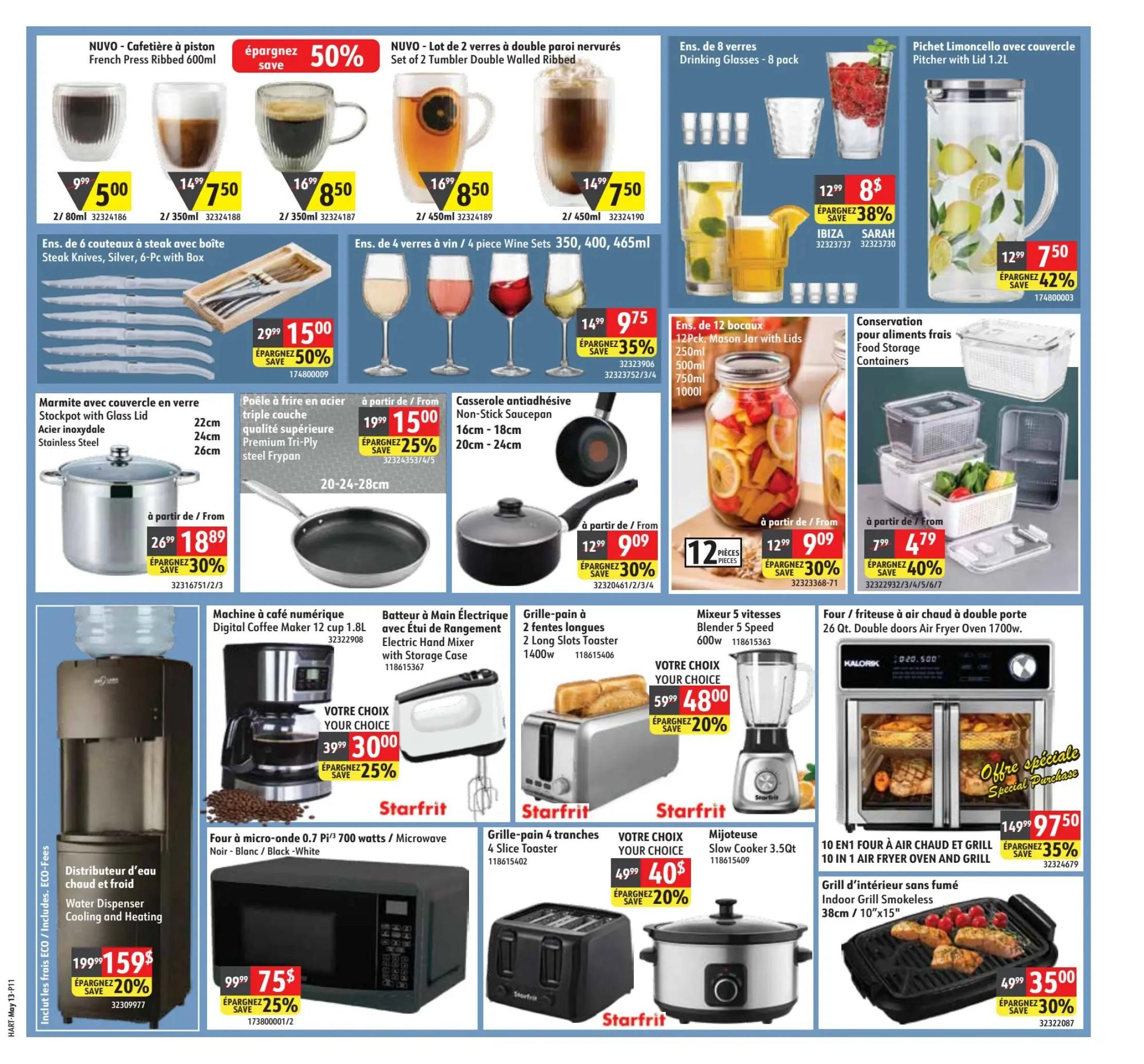 Hart flyer page 11 features kitchenware and small appliances. Save 50% on NUVO French Press Coffee, now $5.00, and NUVO Set of 2 Tumbler Double Walled Ribbed, now $8.50. Get a 6-piece Steak Knives set with box for $15.00 (save 50%) and 4-piece Wine Glass sets (350, 400, 465ml) for $9.75 (save 35%). Also available are 8-pack Drinking Glasses for $8.00 (save 38%) and a 1.2L Limoncello Pitcher with Lid for $7.50 (save 42%). Stock up on 12-pack Mason Jars with Lids for $9.09 (save 30%) and Food Storage Containers for $4.79 (save 40%). Find a Stainless Steel Stockpot with Glass Lid starting at $18.89 (save 30%) and a Premium Tri-Ply Steel Frypan (20-28cm) for $15.00 (save 25%). Save 30% on a 12-cup Digital Coffee Maker, now $30.00. Starfrit offers a 4-Slice Toaster for $48.00 (save 20%) and a 3.5Qt Slow Cooker for $40.00 (save 20%). A Kalorik 10-in-1 Air Fryer Oven and Grill is on special purchase for $97.50 (save 35%). Get an Indoor Grill Smokeless for $35.00 (save 30%). A Water Dispenser (Cooling and Heating) is $159.00 (save 20%) and a 0.7 cu ft, 700-watt Microwave is $75.00 (save 25%).