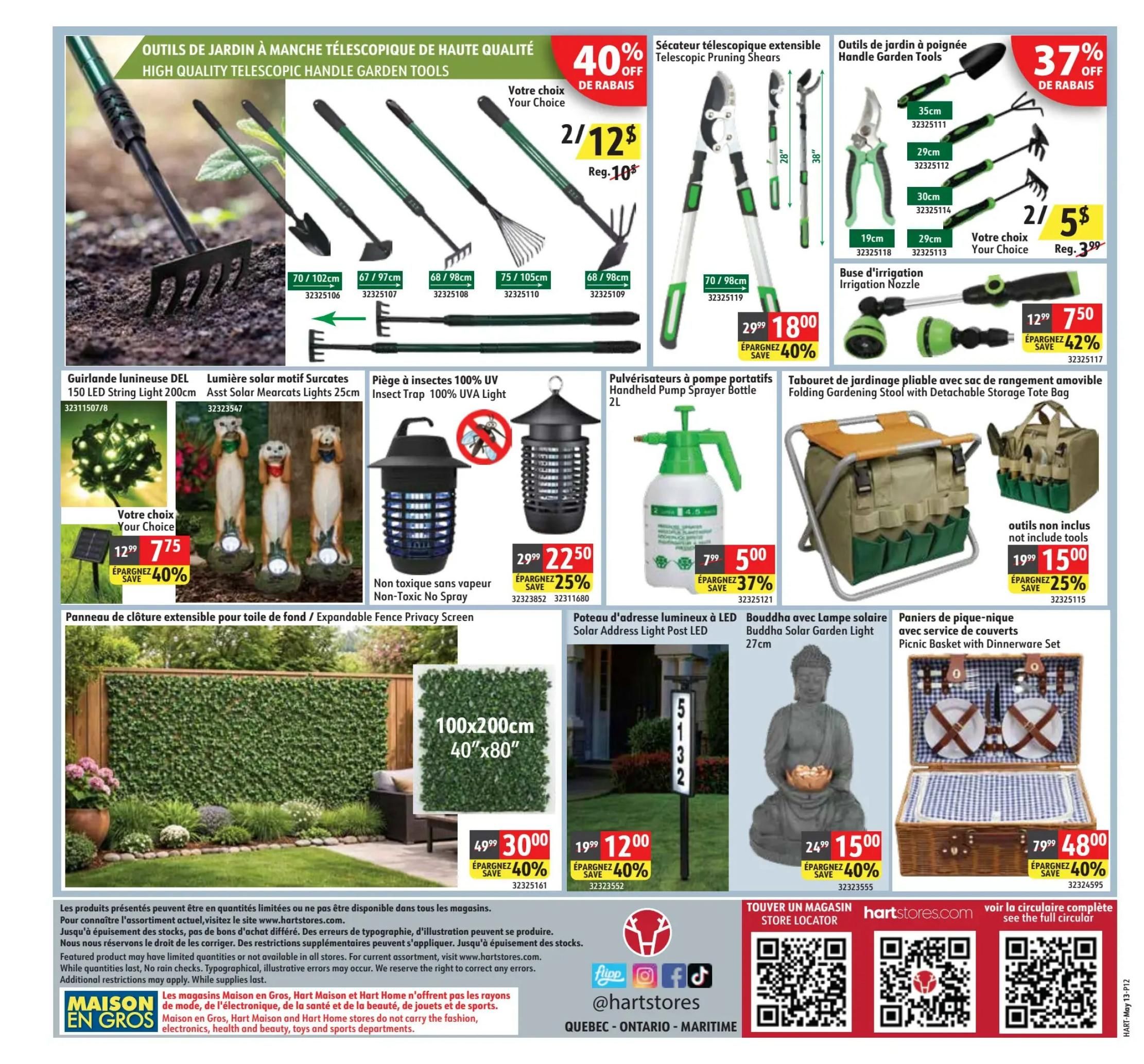 Hart flyer specials page 12 features high-quality telescopic handle garden tools including pruning shears on sale for 2 for $12, regularly $10 each, with a 40% discount. Also available are handle garden tools with a 37% discount, with your choice of a 35cm, 29cm, or 30cm rake and shovel set for 2 for $5, regularly $3.99. Other garden items include a 150 LED string light 200cm for $12.99, saving 40% off, and assorted solar meercat lights 25cm for $7.75, saving 40% off. An insect trap 100% UV light is on sale for $22.50, saving 25% off, and a 2L handheld pump sprayer bottle is $5.00, saving 37% off. An expandable fence privacy screen measuring 100x200cm (40'x80') is $30.00, saving 40% off. A solar address light post LED is $12.00, saving 40% off. A Buddha solar garden light 27cm is $15.00, saving 40% off. A folding gardening stool with a detachable storage tote bag is $15.00, saving 25% off. A picnic basket with dinnerware set is $48.00, saving 40% off. The flyer also includes store locator information and website details.