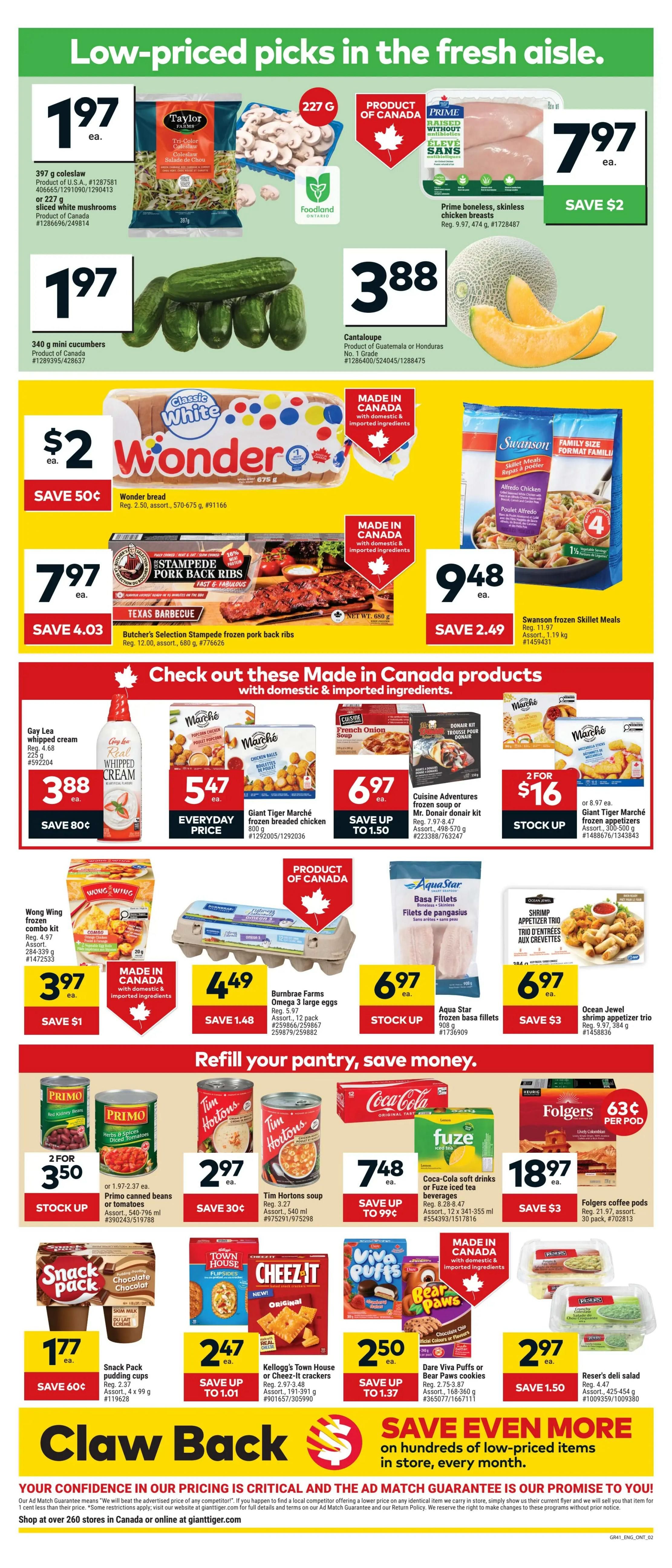Giant Tiger weekly flyer specials for Ontario, Page 2. Featured products include Taylor Farms 397 g coleslaw for $1.97 ea. or 227 g sliced white mushrooms for $1.97 ea. Also, 340 g mini cucumbers for $1.97 ea. Prime boneless, skinless chicken breasts are $7.97 ea., saving $2. A cantaloupe is $3.88 ea. Wonder bread is $2 ea., saving 50¢. Butcher's Selection Stampede frozen pork back ribs are $7.97 ea., saving $4.03. Swanson frozen skillet meals are $9.48 ea., saving $2.49. Gay Lea Real Whipped Cream is $3.88 ea., saving 80¢. Marché French Onion soup is $6.97 ea., saving up to $1.50. Cuisine Adventures frozen soup or Mr. Donair kit is $6.97 ea. Giant Tiger Marché frozen breaded chicken is $5.47 ea. Wong Wing frozen combo kit is $3.97 ea., saving $1. Burnbrae Farms Omega 3 large eggs are $4.49, saving $1.48. Aqua Star frozen basa fillets are $6.97 ea., stock up. Ocean Jewel shrimp appetizer trio is $6.97 ea., saving $3. Primo canned beans or tomatoes are 2 for $3.50, stock up. Tim Hortons soup is $2.97 ea., saving 30¢. Coca-Cola soft drinks or Fuze iced tea beverages are $7.48 ea., saving up to 99¢. Folgers coffee pods are $18.97 ea., saving $3. Snack Pack pudding cups are $1.77 ea., saving 60¢. Kellogg's Town House or Cheez-It crackers are $2.47 ea., saving up to $1.01. Dare Viva Puffs or Bear Paws cookies are $2.50 ea., saving up to $1.37. Reser's deli salad is $2.97 ea., saving $1.50. Shop at over 260 stores in Canada or online at gianttiger.com.