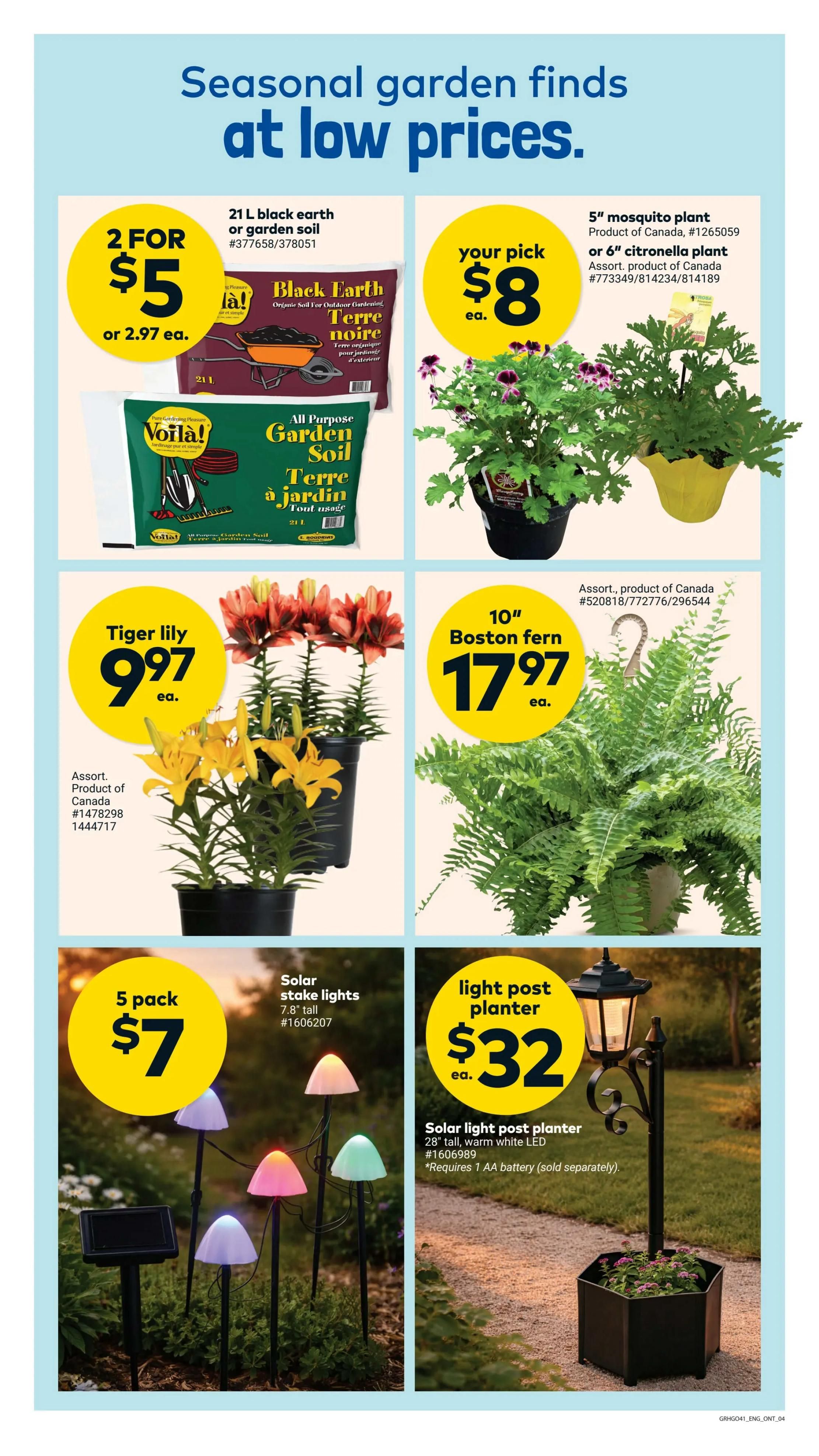 Giant Tiger weekly flyer specials page 4 features seasonal garden finds at low prices. Get 2 bags of 21 L black earth or garden soil for $5, or $2.97 each. Also available is All Purpose Garden Soil. Your pick of a 5' mosquito plant or 6' citronella plant for $8 each. Tiger lily plants are $9.97 each, product of Canada. A 10' Boston fern is $17.97 each, product of Canada. A 5 pack of solar stake lights, 7.8' tall, is $7. A solar light post planter, 28' tall with warm white LED, is $32 each and requires 1 AA battery (sold separately).