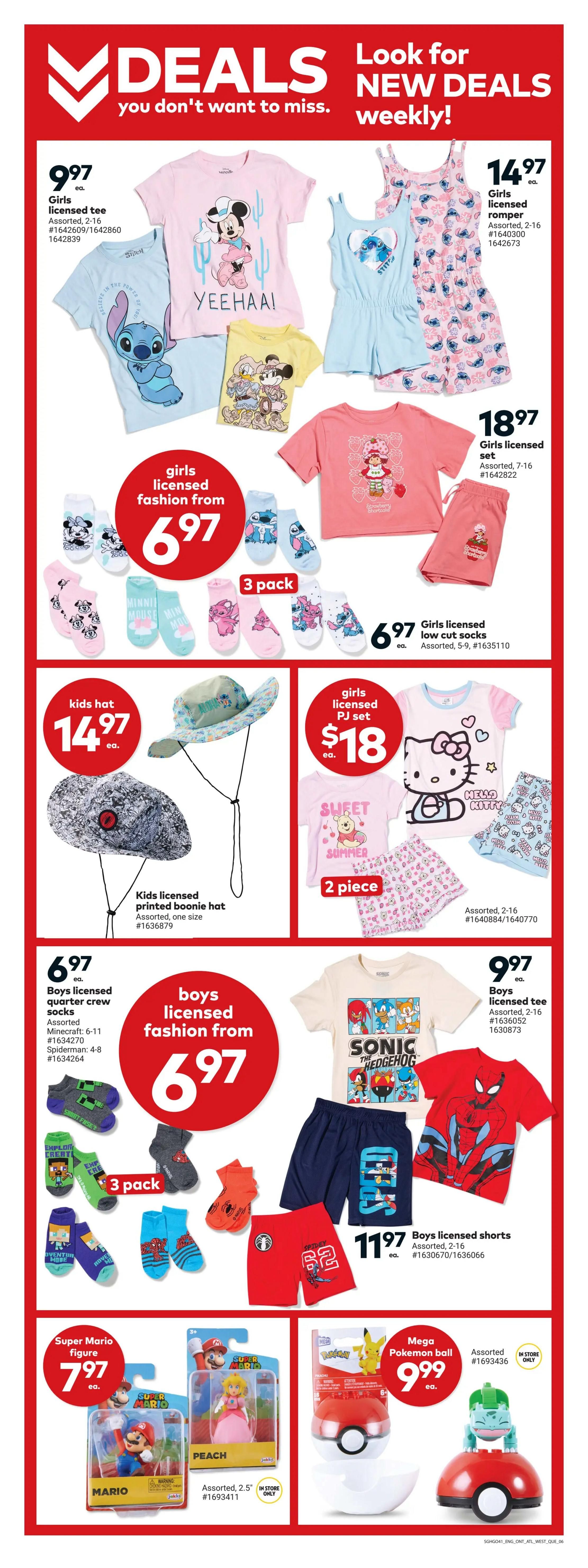 Giant Tiger weekly flyer specials page 8 features a variety of licensed kids' apparel and toys. Top section includes Girls licensed tees for $9.97 each, featuring characters like Stitch and Minnie Mouse. A Girls licensed romper is available for $14.97. Also featured are Girls licensed low cut socks in a 3-pack for $6.97 and a 2-piece Girls licensed PJ set for $18. Kids' licensed printed boonie hats are $14.97. The bottom section showcases Boys licensed quarter crew socks in a 3-pack for $6.97, Boys licensed fashion starting from $6.97, Boys licensed tee shirts for $9.97 each, and Boys licensed shorts for $11.97. Additionally, Super Mario figures are $7.97 each, and a Mega Pokemon ball is $9.99.
