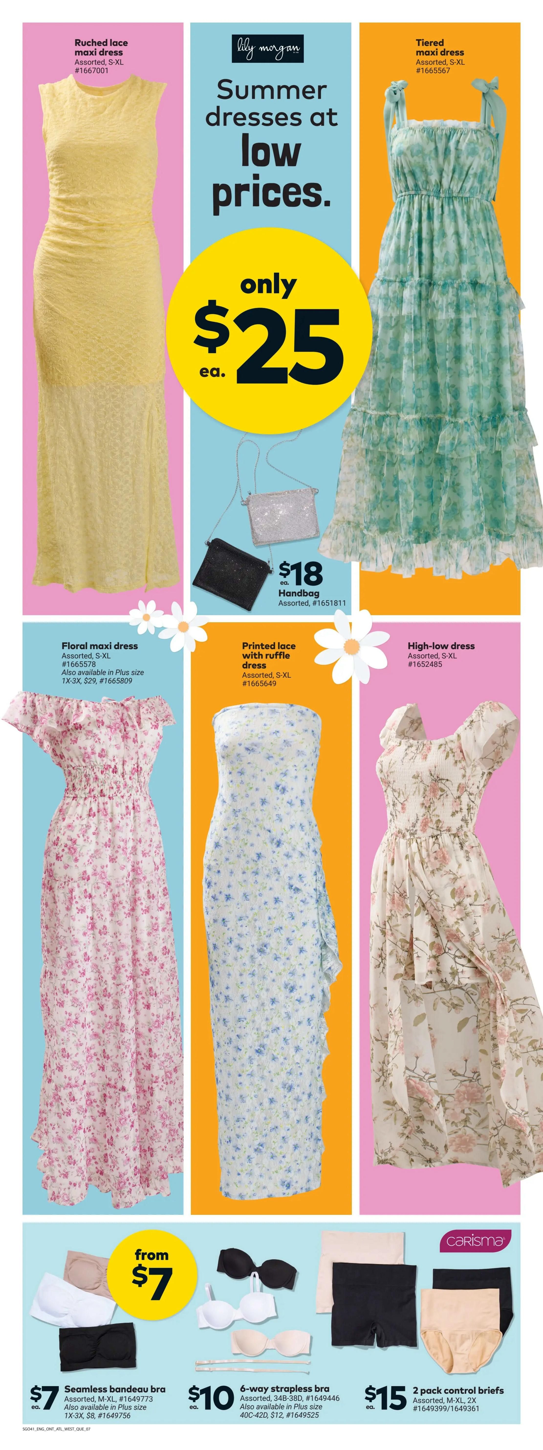 Giant Tiger flyer page 9 featuring Lily Morgan summer dresses at low prices. A yellow ruched lace maxi dress is $25. A green tiered maxi dress is also $25. Handbags are available for $18 each in black or silver. A pink floral maxi dress is shown, with plus sizes available. A white printed lace dress with ruffles is also featured. A high-low dress with a floral print is displayed. Below, seamless bandeau bras are $7, 6-way strapless bras are $10, and 2-pack control briefs are $15.
