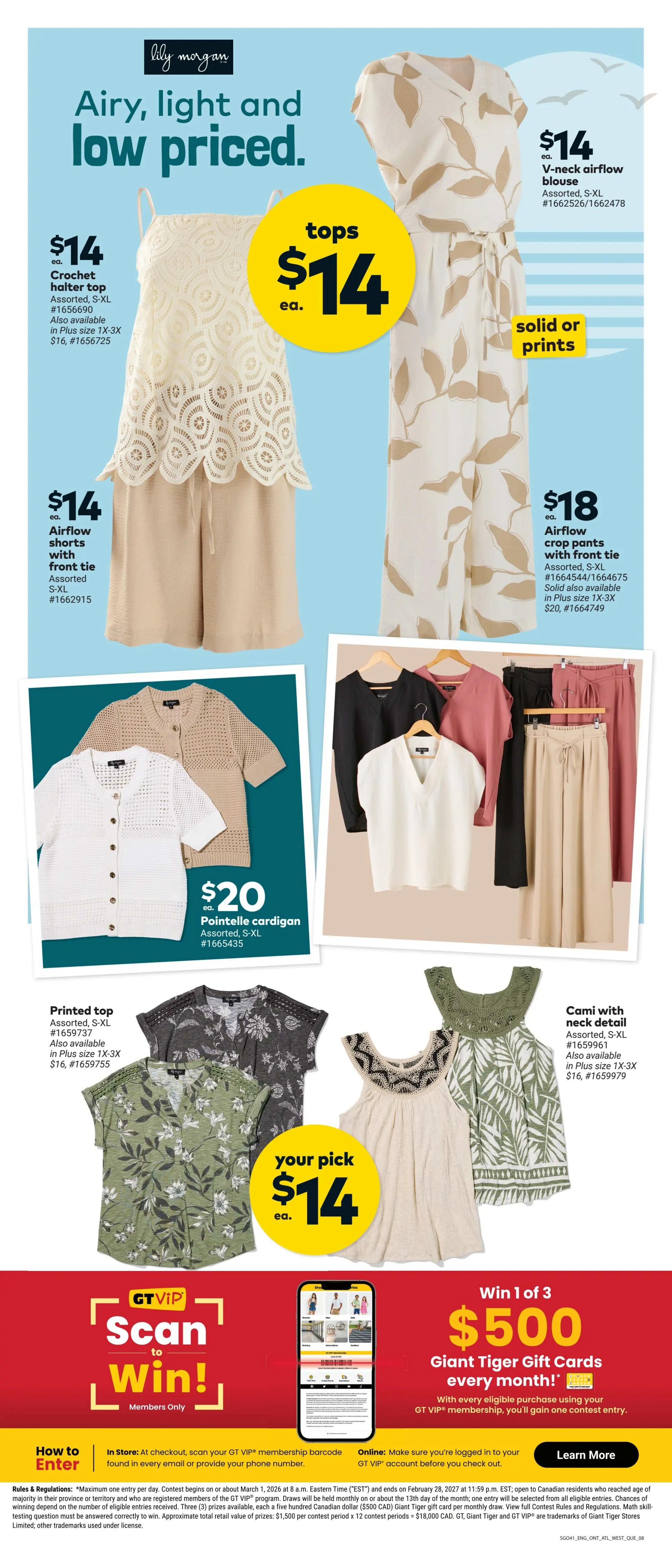 Giant Tiger weekly flyer specials page 10 features Lily Morgan 'Airy, light and low priced' collection. Tops are $14 each, including a crochet halter top (assorted, S-XL, #1656690) and a V-neck airflow blouse (assorted, S-XL, #1662526/1662478). Airflow shorts with front tie are $14 (assorted, S-XL, #1662915). Airflow crop pants with front tie are $18 (assorted, S-XL, #1664544/1664675), also available in Plus size 1X-3X for $20 (#1664749). A pointelle cardigan is $20 (assorted, S-XL, #1665435). 'Your pick' tops are $14 each, featuring printed tops (assorted, S-XL, #1659737) and cami with neck detail (assorted, S-XL, #1659961), also available in Plus size 1X-3X for $16. The bottom of the page promotes GT VIP 'Scan to Win!' contest for a chance to win 1 of 3 $500 Giant Tiger Gift Cards every month. Details on how to enter in-store and online are provided.