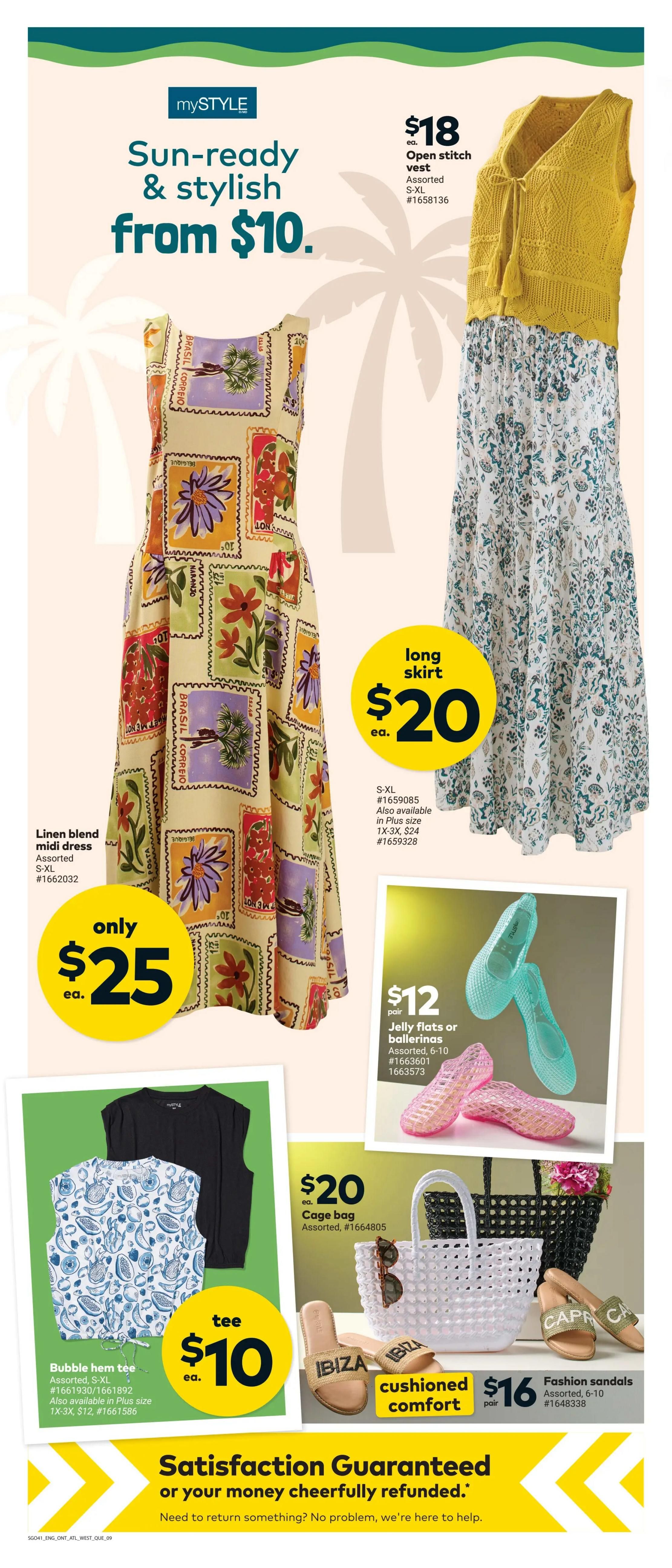 Giant Tiger weekly flyer specials page 11 features sun-ready and stylish clothing starting from $10. A yellow open stitch vest is $18. A linen blend midi dress with a stamp print is only $25. A long skirt is $20. A bubble hem tee is $10. Also available are jelly flats or ballerinas for $12 a pair, a $20 cage bag, and cushioned comfort fashion sandals for $16 a pair. The page also highlights a satisfaction guarantee.
