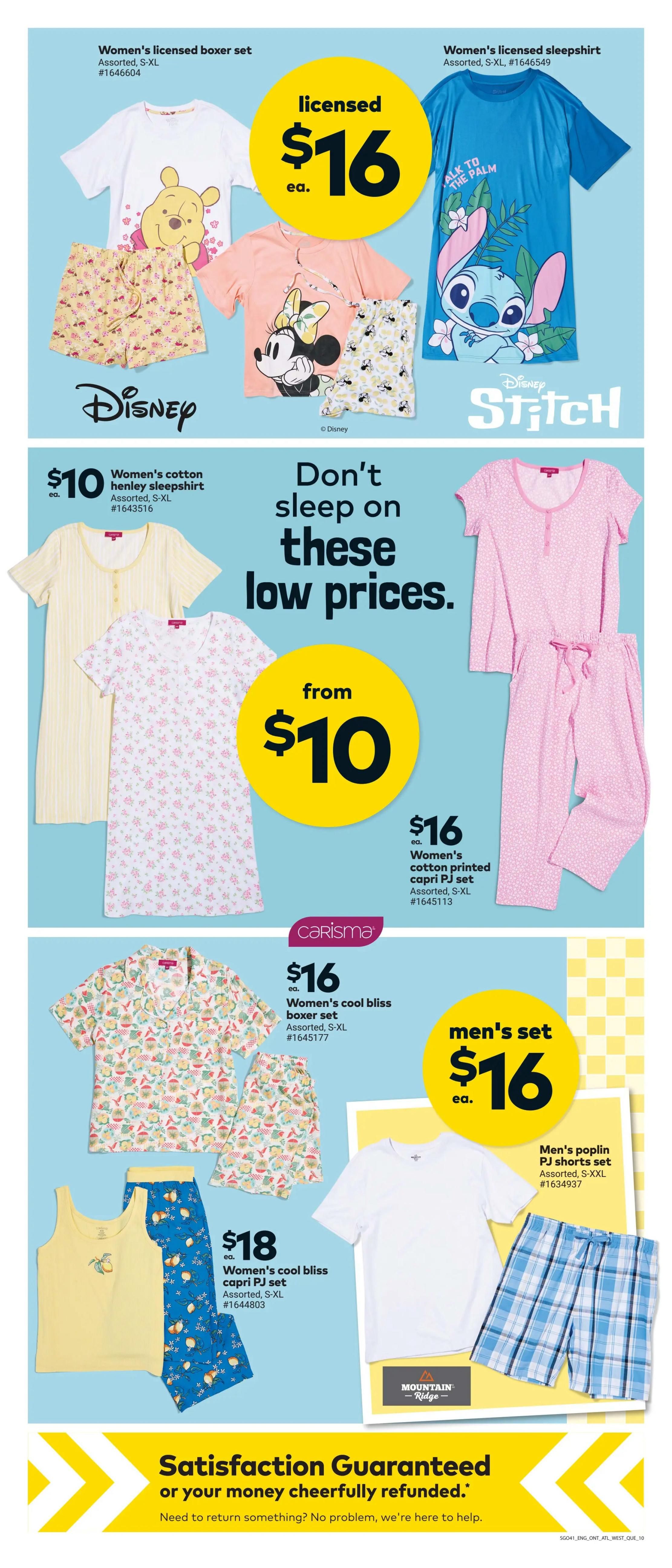 Giant Tiger weekly flyer specials page 12 features a variety of sleepwear for women and men. Licensed Disney boxer sets and sleepshirts featuring Winnie the Pooh, Minnie Mouse, and Stitch are available for $16 each. Women's cotton Henley sleepshirts are priced from $10. Also featured are Carisma brand women's cool bliss boxer sets for $16, women's cotton printed capri PJ sets for $16, and women's cool bliss capri PJ sets for $18. Mountain Ridge men's poplin PJ shorts sets are $16 each. The page also highlights a satisfaction guarantee.
