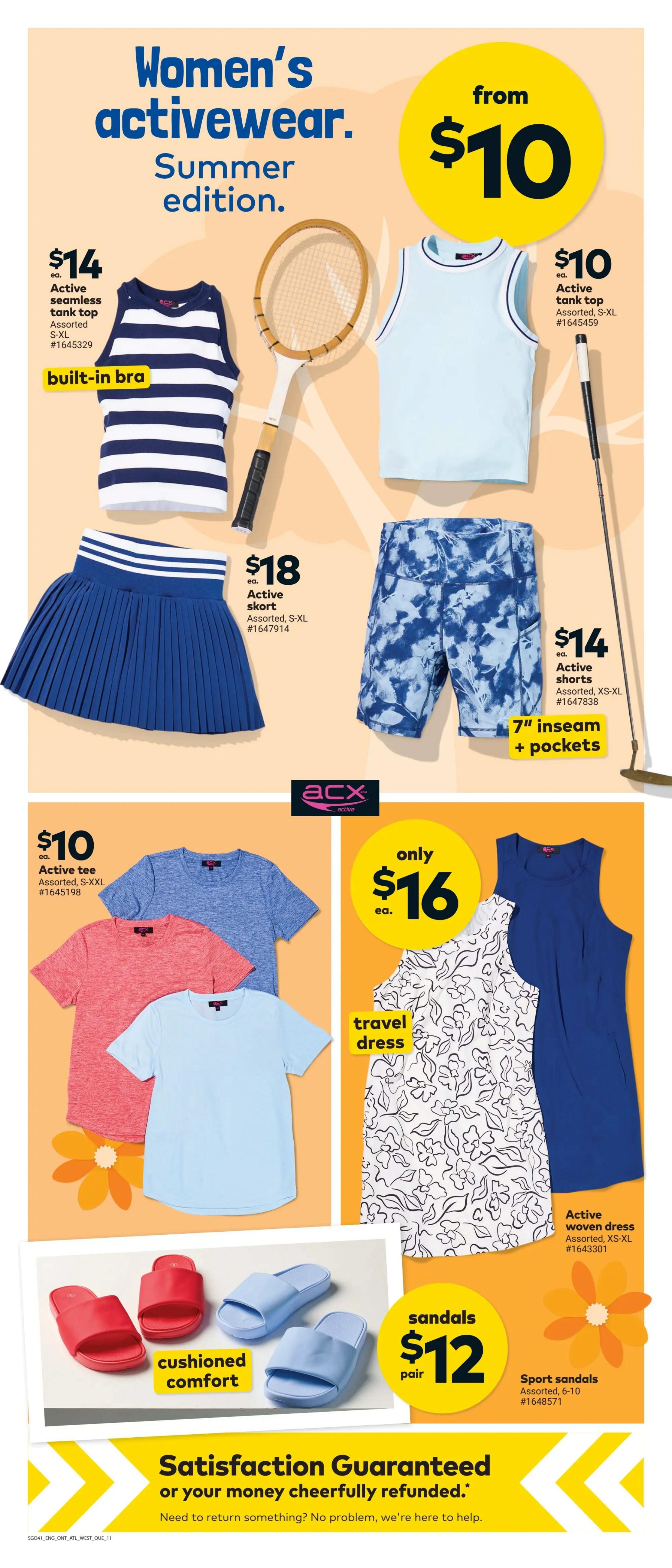 Giant Tiger flyer page featuring women's activewear for summer. Deals include an Active seamless tank top with built-in bra for $14, an Active skort for $18, and Active shorts with a 7' inseam and pockets for $14. Also available are Active tank tops starting from $10, and Active tees for $10. A travel dress is featured for only $16, along with an Active woven dress for $16. Footwear includes sandals for $12 per pair and sport sandals. The page highlights 'Satisfaction Guaranteed or your money cheerfully refunded.