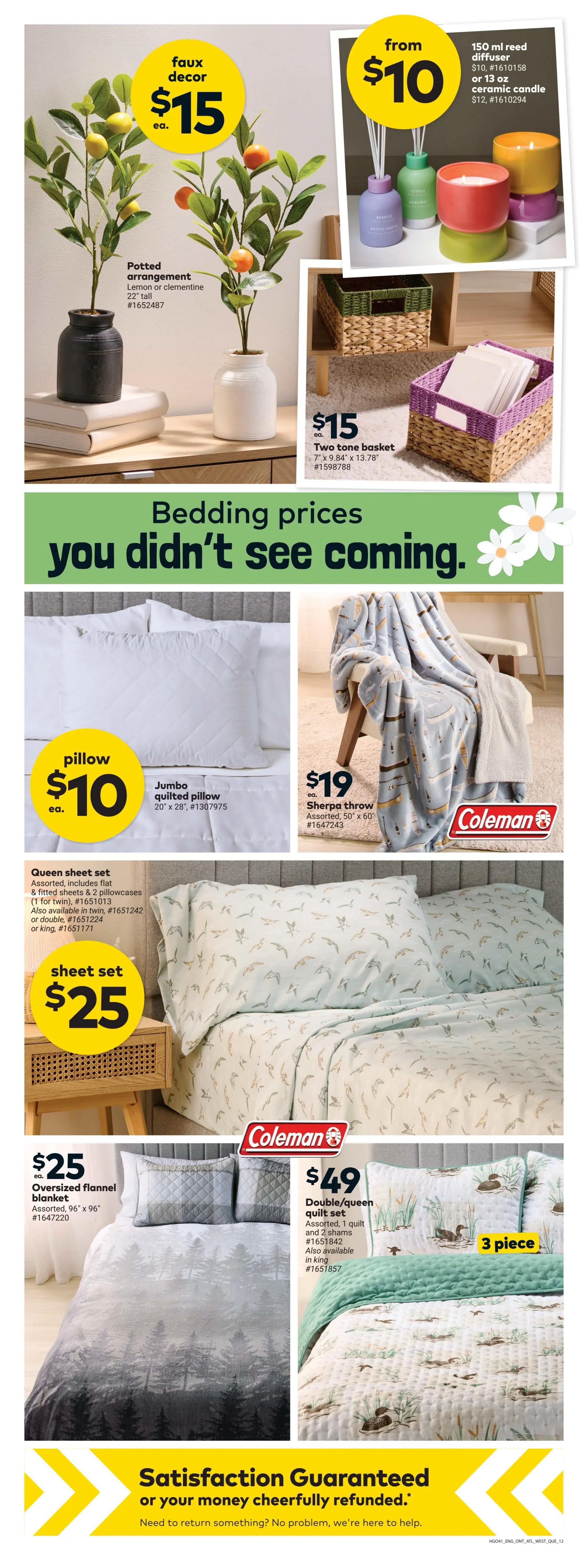 Giant Tiger Ontario weekly flyer specials, page 14. Features faux decor potted arrangements (lemon or clementine, 22' tall) for $15 each. Also available are 150 ml reed diffusers from $10 and 13 oz ceramic candles for $12. Two-tone baskets (7' x 9.84' x 13.78') are $15. Bedding specials include a jumbo quilted pillow (20' x 28') for $10, a Sherpa throw (50' x 60') for $19, and a queen sheet set for $25. Also featured is a $25 oversized flannel blanket (96' x 96') and a double/queen quilt set for $49, which includes 1 quilt and 2 shams, also available in king size. The flyer includes a satisfaction guarantee.