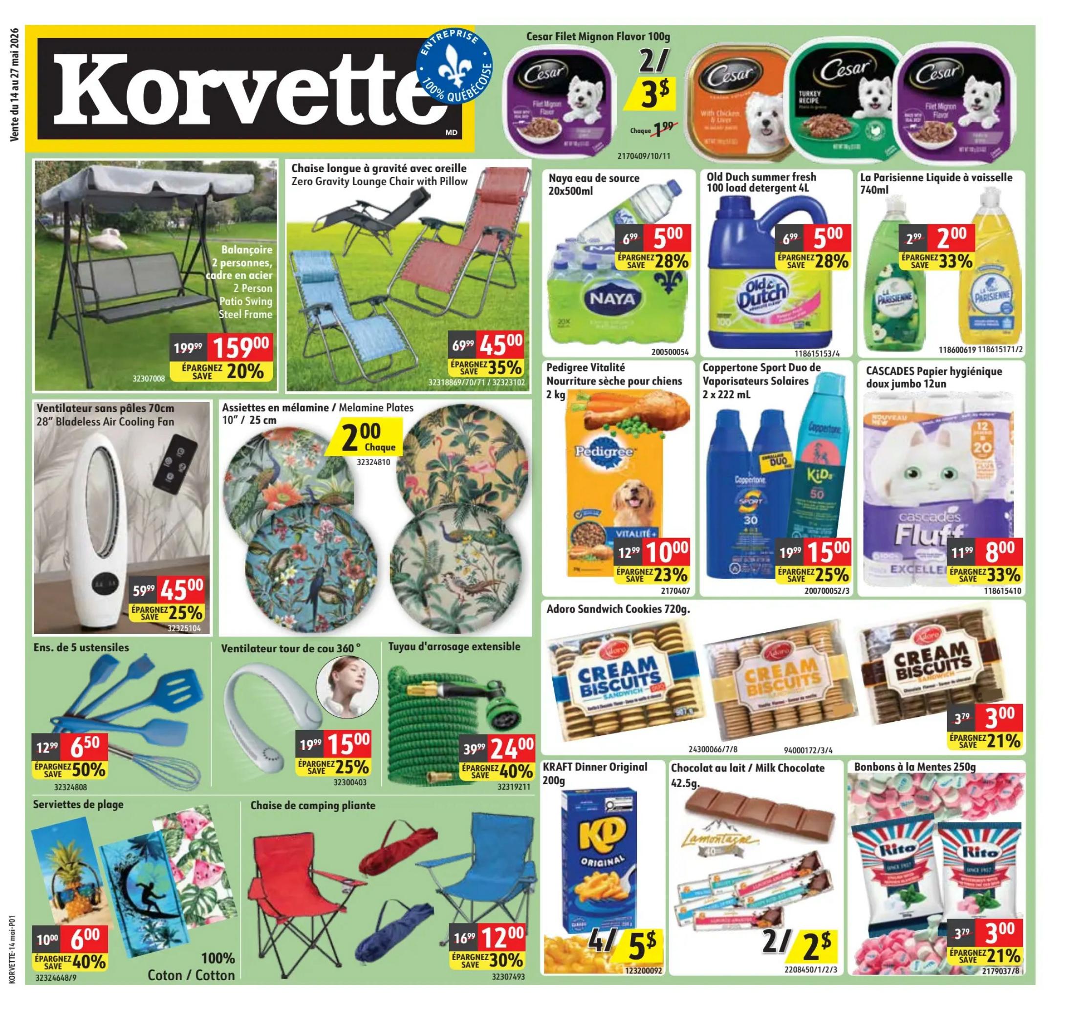 Korvette flyer page 1 features a 2-person patio swing with steel frame for $159.00, saving 20%. Also available are Zero Gravity lounge chairs with pillows for $45.00, a 35% saving. Featured pet food includes Cesar Filet Mignon Flavor 100g at 2 for $3, Naya source water 20x500ml for $5.00 (save 28%), and Pedigree Vitality dry dog food 2kg for $10.00 (save 23%). Household items on sale include Old Dutch summer fresh 100 load detergent 4L for $5.00 (save 28%), La Parisienne dish liquid 740ml for $2.00 (save 33%), and Cascades Fluff toilet paper 12 jumbo rolls for $8.00 (save 33%). Other deals include a 28' bladeless air cooling fan for $45.00 (save 25%), melamine plates for $2.00 each, Coppertone Sport Duo sunscreen 2x222ml for $15.00 (save 25%), a 360° neck fan for $15.00 (save 25%), an extendable garden hose for $24.00 (save 40%), a 5-piece utensil set for $6.50 (save 50%), beach towels for $6.00 (save 40%), and a folding camping chair for $12.00 (save 30%). Snacks on sale are Adoro Cream Biscuits 720g, KRAFT Dinner Original 200g for $5, and Lamontegne milk chocolate bars. Rito mints 250g are on sale for $3.00 (save 21%).