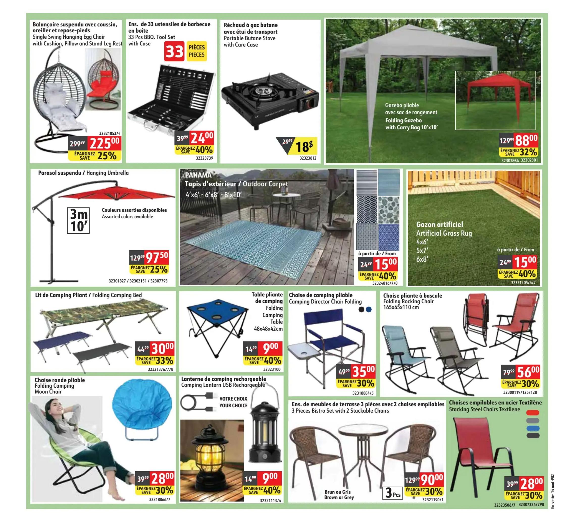 Korvette flyer specials page 2 features outdoor and camping gear. Items include a Single Swing Hanging Egg Chair with cushion, pillow, and stand leg rest for $225.00 (save 25%), a 33 Pcs BBQ Tool Set with case for $24.00 (save 40%), and a Portable Butane Stove with care case for $18.00. A Folding Gazebo with carry bag (10'x10') is on sale for $88.00 (save 32%). Also available are a Hanging Umbrella for $97.50 (save 25%), PANAMA Outdoor Carpets in various sizes (4'x6', 6'x8', 8'x10') starting at $15.00 (save 40%), and Artificial Grass Rugs in sizes 4'x6', 5'x7', 6'x8' starting at $15.00 (save 40%). Camping essentials include a Folding Camping Bed for $30.00 (save 33%), a Folding Camping Table (48x48x42cm) for $9.00 (save 40%), a Folding Director Chair for $35.00 (save 30%), and a Folding Rocking Chair for $56.00 (save 30%). A Folding Moon Chair is $28.00 (save 30%), and a rechargeable Camping Lantern with USB is $9.00 (save 40%). Finally, a 3 Pieces Bistro Set with 2 stackable chairs is $90.00 (save 30%), and Stacking Steel Chairs in various colours are $28.00 (save 30%).