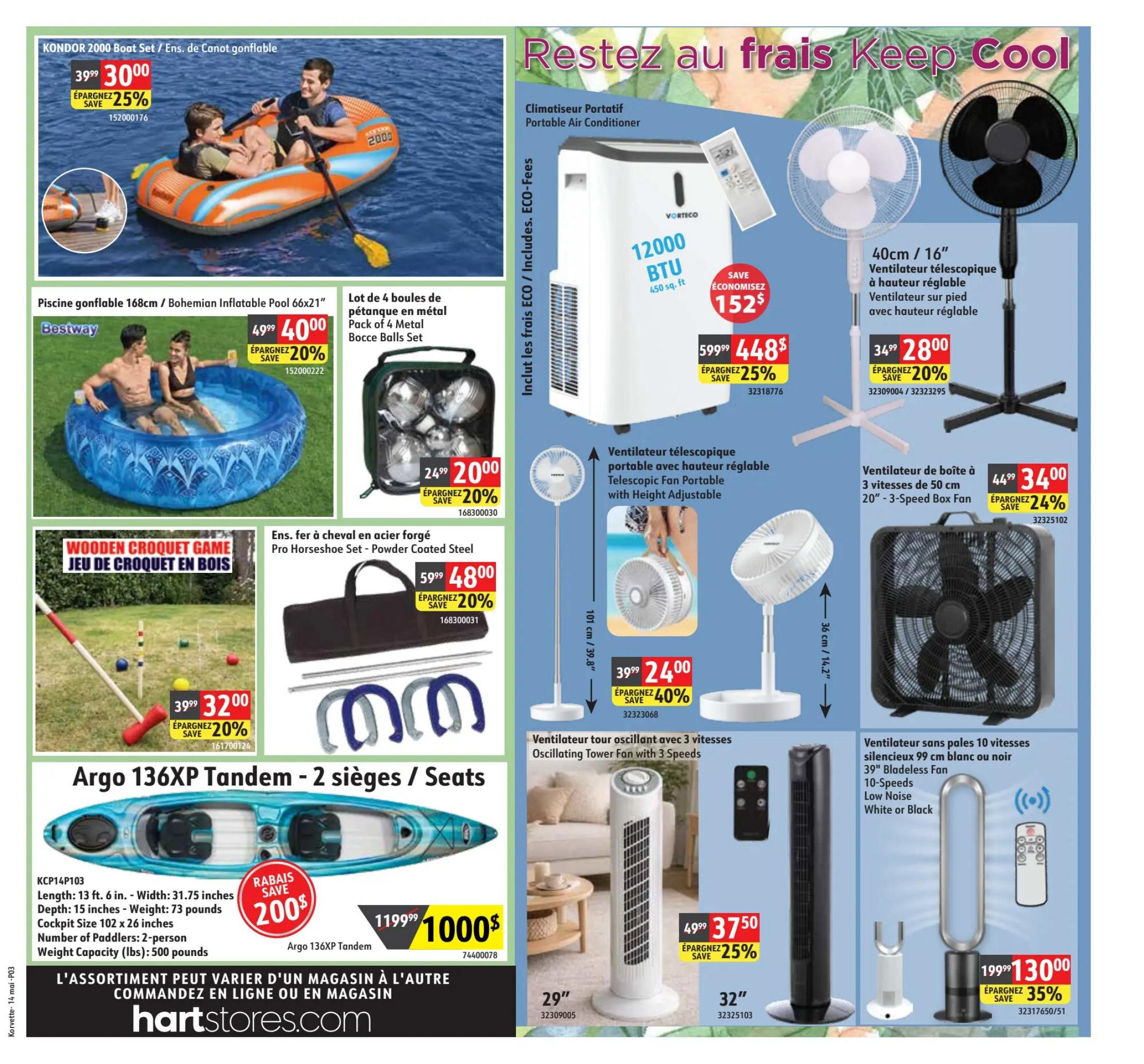 Korvette flyer page 3 features outdoor and cooling items. The Kondor 2000 Boat Set is on sale for $30.00, a 25% saving from $39.99. The Bestway inflatable pool is $40.00, saving 20% from $49.99. A pack of 4 metal bocce balls is $20.00, down 20% from $24.99. The Pro Horseshoe Set is $48.00, a 20% discount from $59.99. The Argo 136XP Tandem 2-seater kayak is $1000, with a $200 rebate. Cooling items include a 12000 BTU portable air conditioner for $448.00, saving $152 and 25% from $599.99. A 40cm/16' telescopic pedestal fan is $28.00, a 20% saving from $34.99. Another telescopic fan with height adjustment is $24.00, a 40% discount from $39.99. A 20' 3-speed box fan is $34.00, saving 24% from $44.99. Finally, a 39' bladeless tower fan with 10 speeds, low noise, in white or black is $130.00, a 35% saving from $199.99.