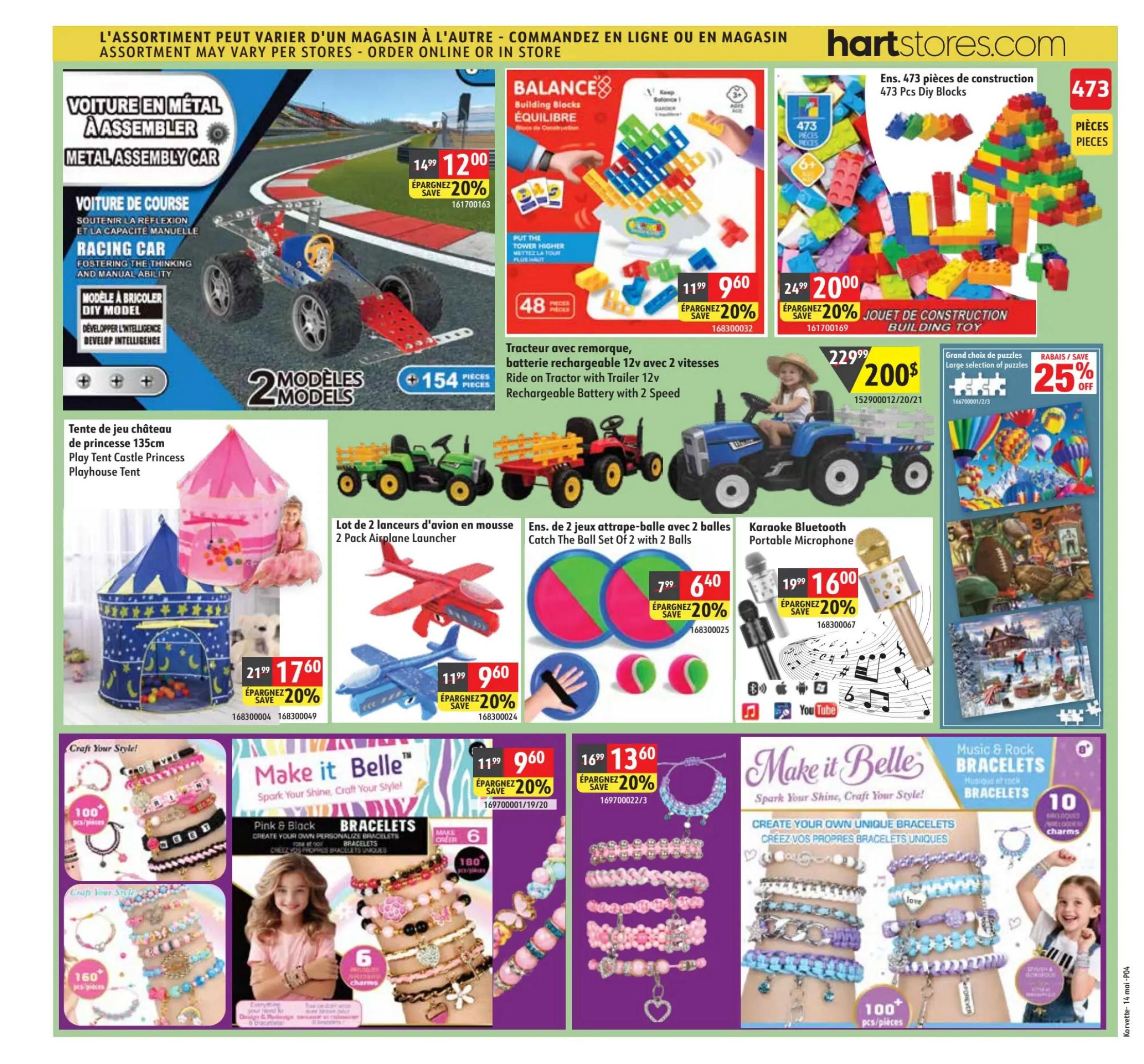Korvette flyer page 4 features a variety of toys and craft kits. A metal assembly car is on sale for $12.00, saving 20%. Balance Building Blocks are $9.60, also with a 20% saving. A large set of 473 building blocks is $20.00, with a 20% discount. A ride-on tractor with trailer, featuring a rechargeable 12v battery and 2 speeds, is priced at $200.00. A play tent castle princess playhouse tent is $17.60, a 20% saving. A 2-pack airplane launcher set is $9.60, 20% off. A set of 2 catch the ball toys is $6.40, 20% off. A Karaoke Bluetooth portable microphone is $16.00, 20% off. A large selection of puzzles is on sale with 25% off. The 'Make it Belle' section showcases bracelet making kits: Pink & Black bracelets are $9.60, with 100+ pieces and 6 charms included. Another bracelet kit with 160+ pieces is also available. Music & Rock bracelets with 10 charms are featured. All prices are valid from May 13 to May 27, 2026.